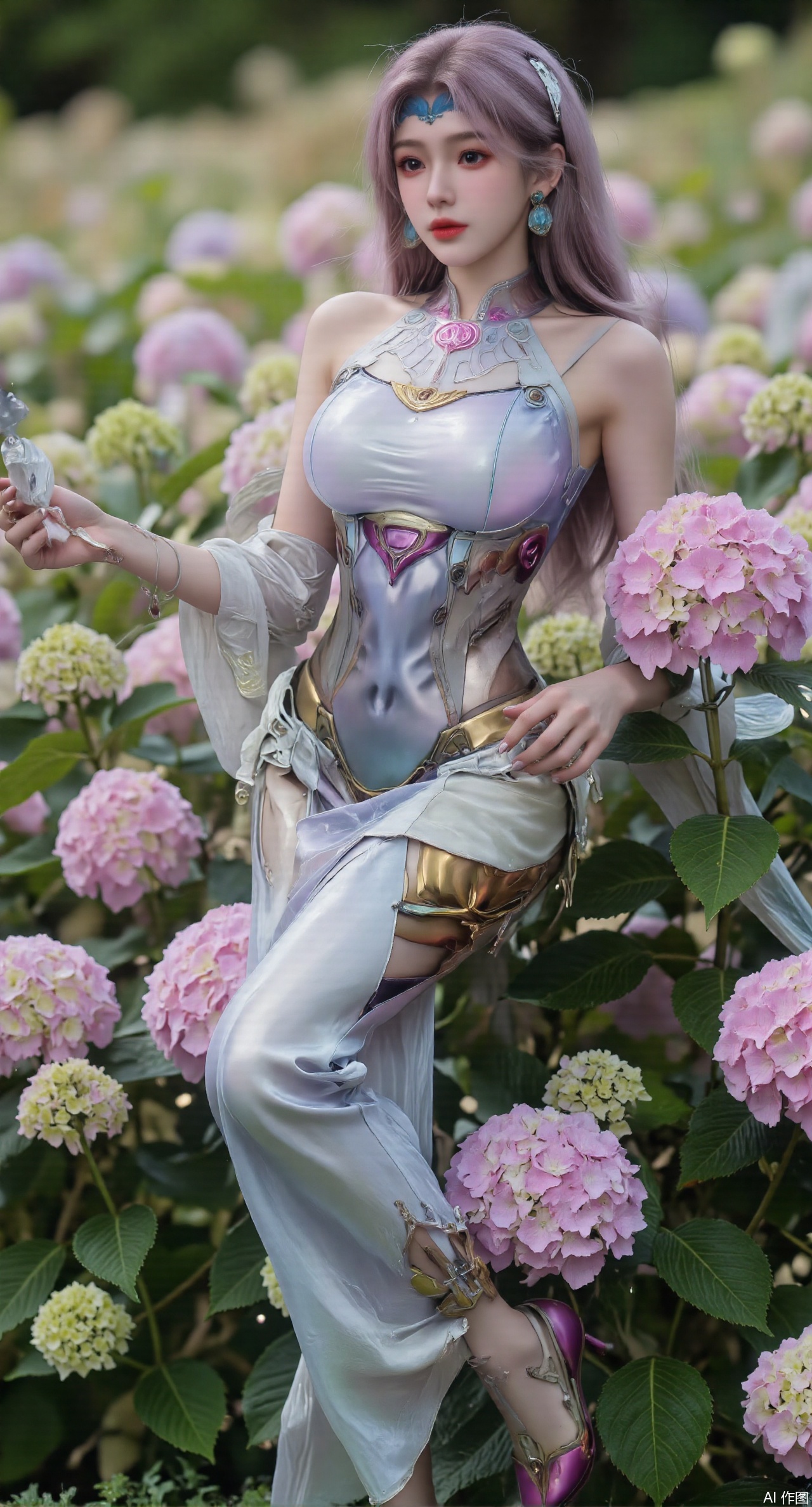  SFW,(masterpiece:1.2),best quality,absurdres,masterpiece,original,extremely detailed wallpaper,perfect lighting,1girl,solo,looking at viewer,(cowboy_shot:1.3),long hair,high heels,blurry background,depth of field,motion blur,(long dress:1.23),china_dress,chinese_style,bare shouders,crystal_earrings,headpiece,hair_tie,chest_jewel,gem,necklace,jewelry,in summer,day,outdoors,nature,garden,,(standing,Hydrangea, Hydrangea Field:1.69),(huge breasts:2.99),(full breasts:2.99),Xzhihua,Xsiyouyou,Xyanruyu,Xmoxiaonan,Xyeqingxian,Xyunwangshu,XlishaoyinY,Xxiaowu,Xyusanniang,XhuolingerHHY,Xwangqiuer,Xxuenv,XyunyunX,XqingnvzongZM,Xshangguanweier,XanmiaoyiXY,Xaichen