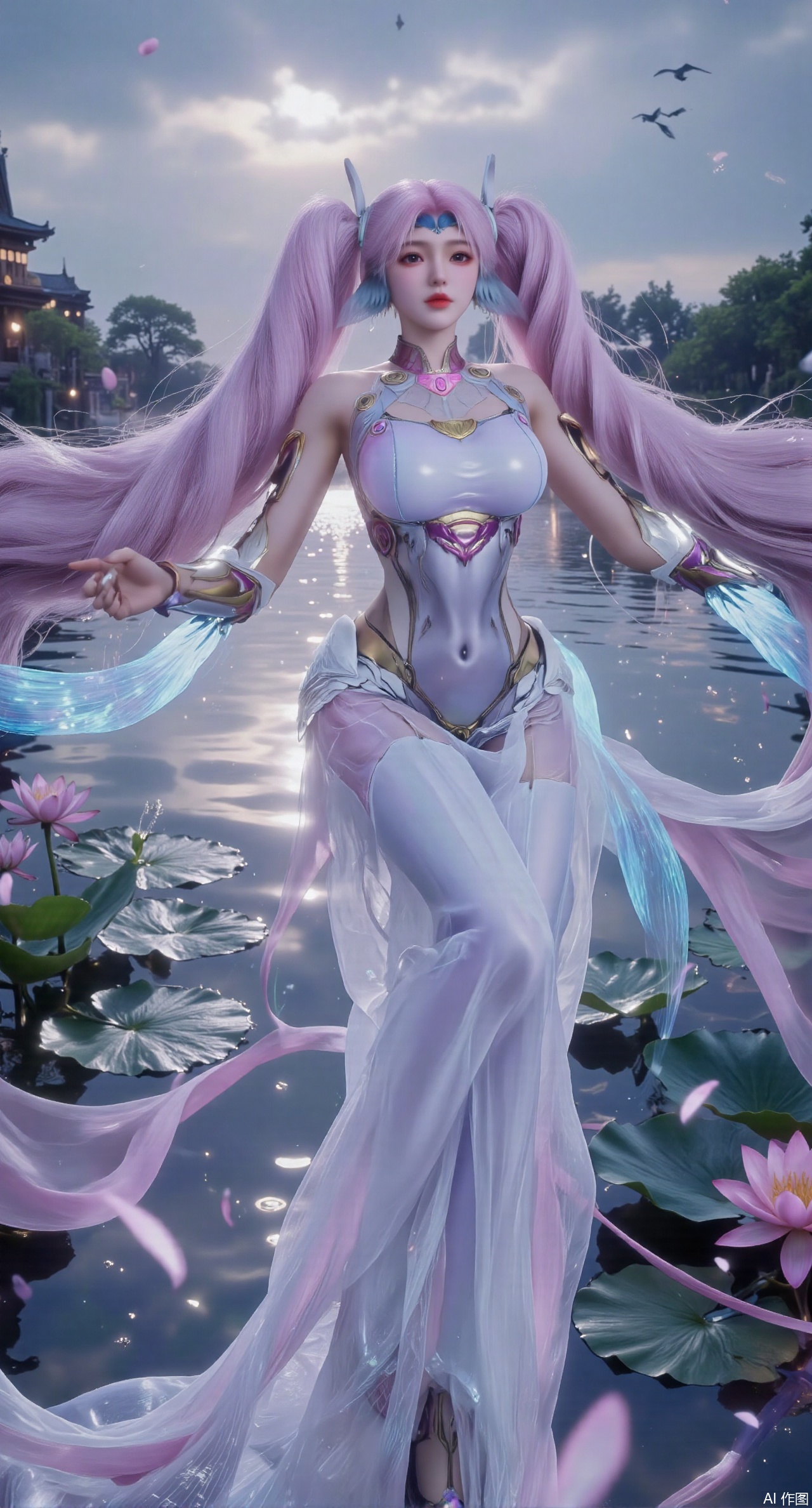  SFW,(masterpiece:1.2),best quality,1girl,solo,long hair,long dress,celestial maiden in flowing tulle gown levitates above lotus pond, ethereal mist trails from hair ribbons, mythical Penglai paradise emerges through clouds with glowing pavilions, translucent bioluminescent lotus blooms, flock of cranes gliding over water surface, ultra HD with soft 3D rendering, morning light filters through mist, falling petal rain, intricate details on scale-patterned fabric and lotus veins.(huge breasts:2.99),(full breasts:2.99),Xzhihua,Xsiyouyou,Xyanruyu,Xmoxiaonan,Xyeqingxian,Xyunwangshu,XlishaoyinY,Xxiaowu,Xyusanniang,XhuolingerHHY,Xwangqiuer,Xxuenv,XfuquY,XanmiaoyiXY,XyunyunX,Xhuangnv,Xaichen