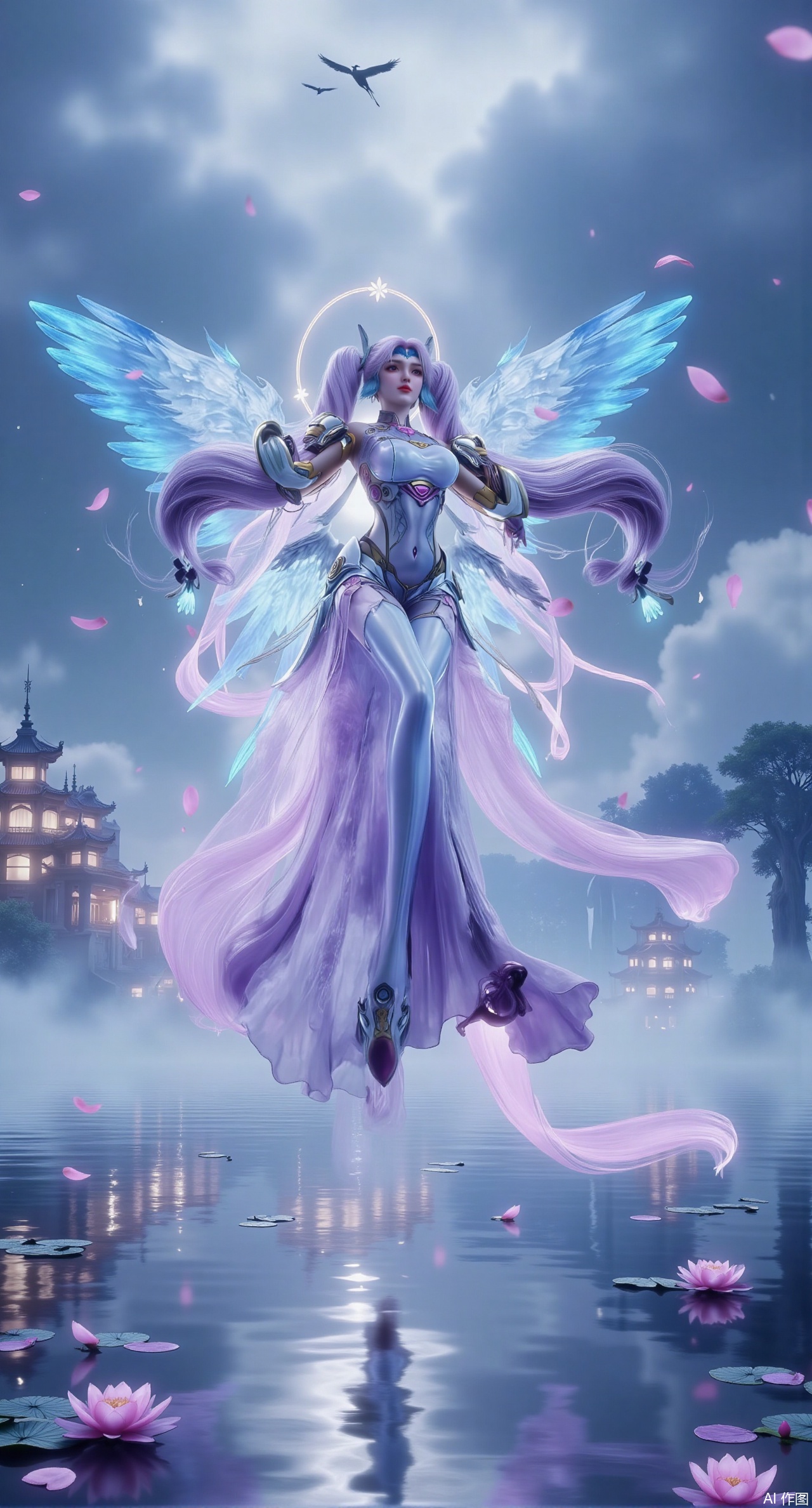  SFW,(masterpiece:1.2),best quality,1girl,solo,long hair,long dress,celestial maiden in flowing tulle gown levitates above lotus pond, ethereal mist trails from hair ribbons, mythical Penglai paradise emerges through clouds with glowing pavilions, translucent bioluminescent lotus blooms, flock of cranes gliding over water surface, ultra HD with soft 3D rendering, morning light filters through mist, falling petal rain, intricate details on scale-patterned fabric and lotus veins.(huge breasts:2.99),(full breasts:2.99),Xzhihua,Xsiyouyou,Xyanruyu,Xmoxiaonan,Xyeqingxian,Xyunwangshu,XlishaoyinY,Xxiaowu,Xyusanniang,XhuolingerHHY,Xwangqiuer,Xxuenv,XfuquY,XanmiaoyiXY,XyunyunX,Xhuangnv,Xaichen