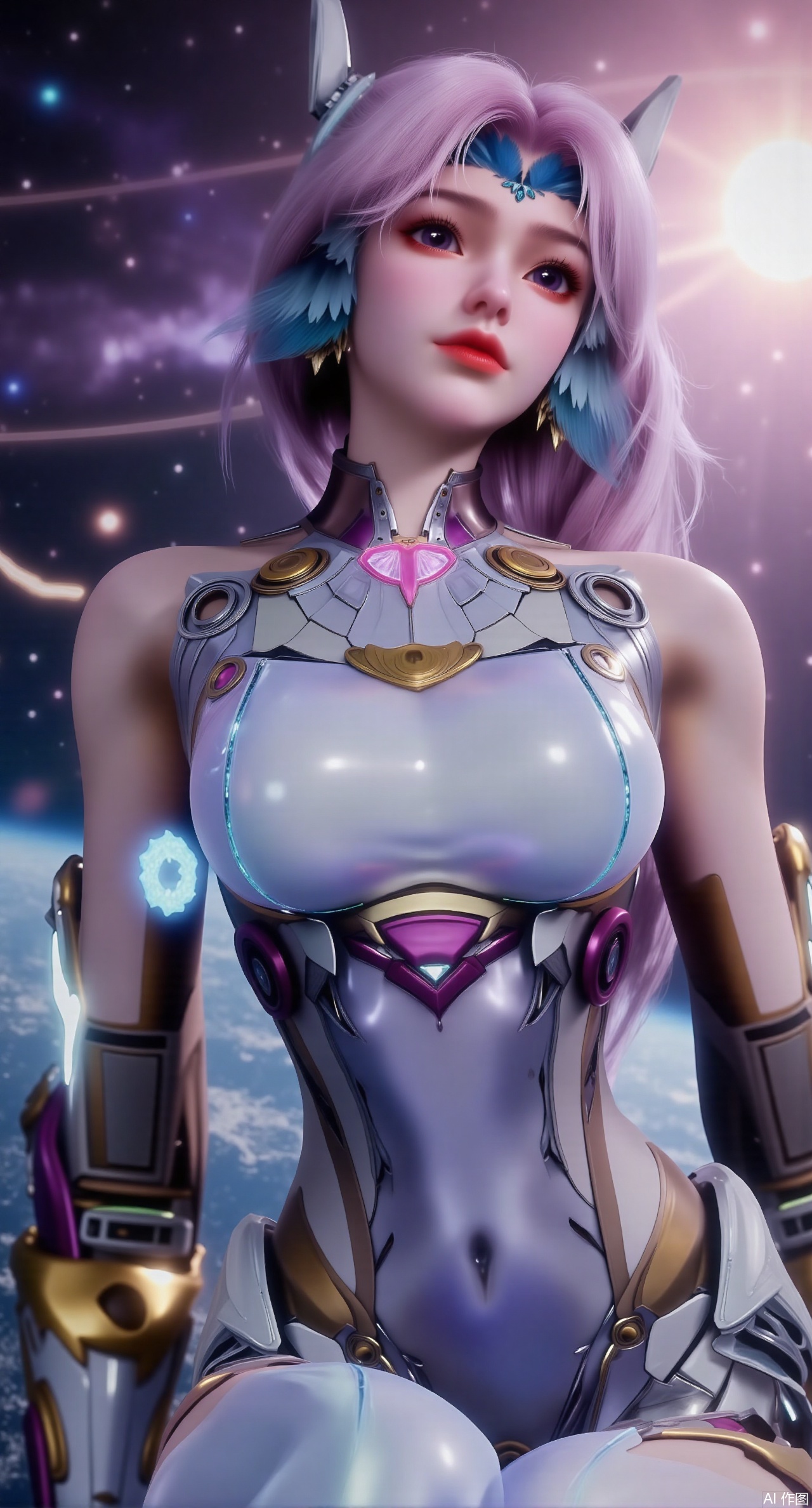 SFW,(masterpiece:1.2),best quality,absurdres,masterpiece,original,extremely detailed wallpaper,perfect lighting,1girl,solo,looking at viewer,(cowboy_shot:1.3),long hair,high heels,blurry background,depth of field,motion blur,(long dress:1.23),crystal_earrings,headpiece,hair_tie,chest_jewel,gem,necklace,jewelry,in summer,day,outdoors,nature,(Space, planetary belt, Earth, Mercury, Venus, Mars, Jupiter, Saturn, Sun in the background:1.59),(huge breasts:2.99),(full breasts:2.99),,large natural breast,soft breasts,XqingnvzongZM,XanmiaoyiXY,Xaichen,XyunyunX,Xhuangnv