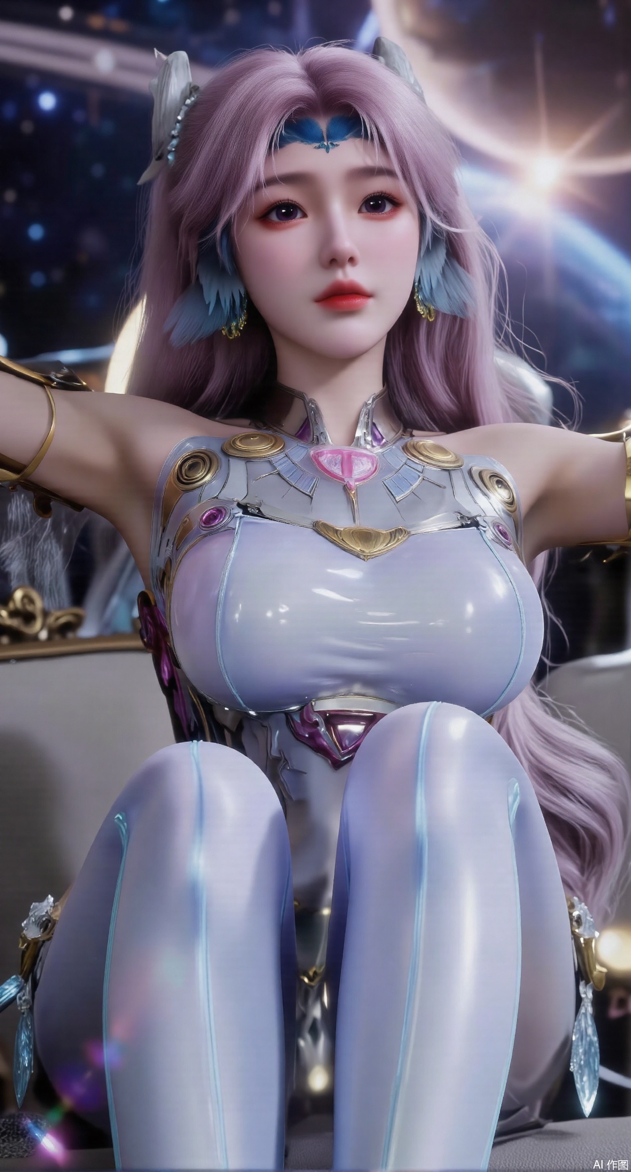 SFW,(masterpiece:1.2),best quality,absurdres,masterpiece,original,extremely detailed wallpaper,perfect lighting,1girl,solo,looking at viewer,(cowboy_shot:1.3),long hair,high heels,blurry background,depth of field,motion blur,(long dress:1.23),crystal_earrings,headpiece,hair_tie,chest_jewel,gem,necklace,jewelry,in summer,day,outdoors,nature,(Space, planetary belt, Earth, Mercury, Venus, Mars, Jupiter, Saturn, Sun in the background:1.59),(huge breasts:2.99),(full breasts:2.99),,large natural breast,soft breasts,XqingnvzongZM,XanmiaoyiXY,Xaichen,XyunyunX,Xhuangnv