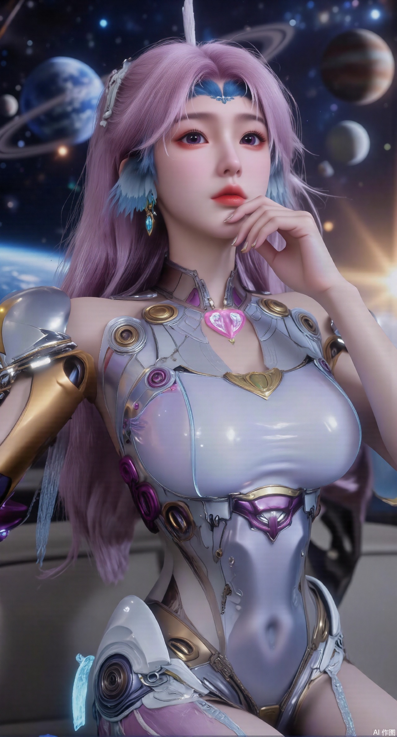 SFW,(masterpiece:1.2),best quality,absurdres,masterpiece,original,extremely detailed wallpaper,perfect lighting,1girl,solo,looking at viewer,(cowboy_shot:1.3),long hair,high heels,blurry background,depth of field,motion blur,(long dress:1.23),crystal_earrings,headpiece,hair_tie,chest_jewel,gem,necklace,jewelry,in summer,day,outdoors,nature,(Space, planetary belt, Earth, Mercury, Venus, Mars, Jupiter, Saturn, Sun in the background:1.59),(huge breasts:2.99),(full breasts:2.99),,large natural breast,soft breasts,XqingnvzongZM,XanmiaoyiXY,Xaichen,XyunyunX,Xhuangnv