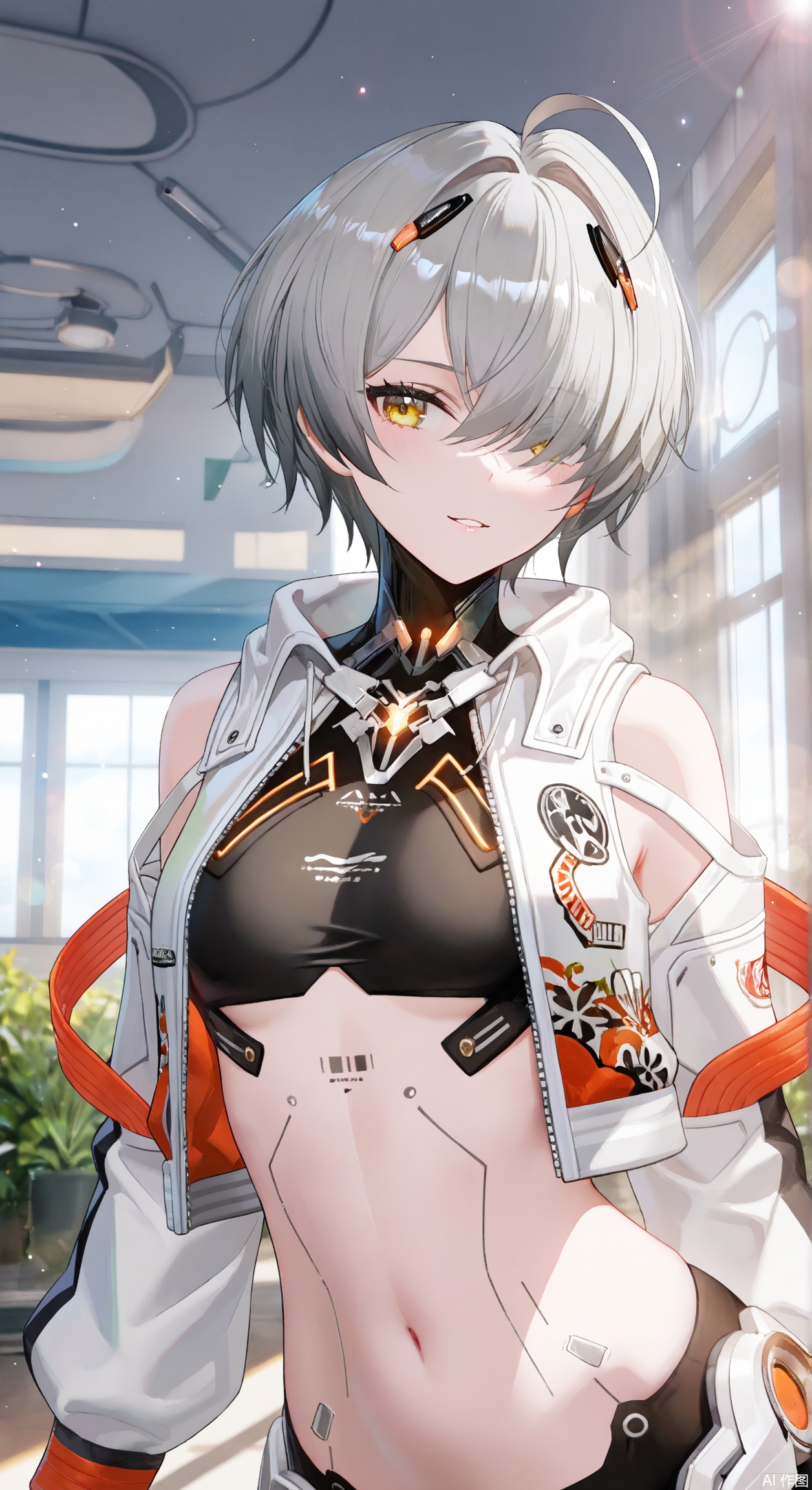 1girl,bazhi/(PGR), solo, breasts,short hair, navel, jacket, yellow eyes, ahoge, grey hair, small breasts, open clothes, hair over one eye, open jacket, white jacket, black bow,soft gentle eyes,gentle expression,parted lips,light smile,depth of field, light particles, lens flare, masterpiece,best quality,((artist:reoen),(artist:fuzichoco),(artist:atdan),(artist:torino_aqua:0.5),year 2024:0.5),(artist:omone_hokoma_agm:0.8), 2d, anime,
