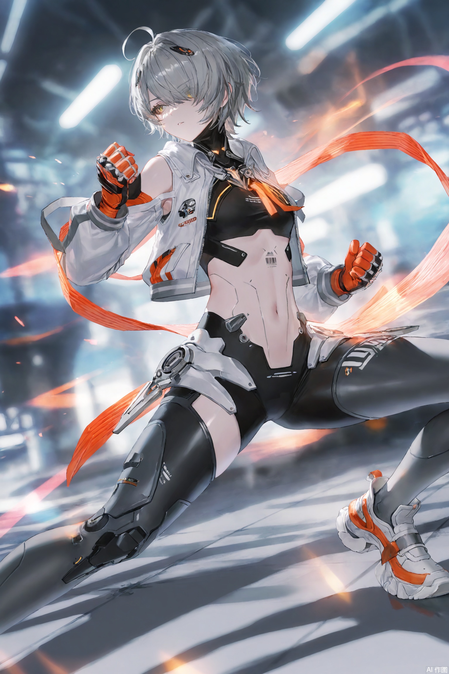 1girl,bazhi/(PGR), solo, breasts,short hair, navel, jacket,  yellow eyes, ahoge, grey hair, small breasts, open clothes, shoes, hair over one eye, open jacket, white jacket, sneakers, science fiction, barcode,fighting_stance,incoming_attack, incoming_punch,punching,
masterpiece, best quality, highres, absurdres, newest, aesthetic, pastel \(medium\),masterpiece,best quality,high quality,overexposure,chromatic_aberration,light,fair_skin, very aesthetic,absurdres, masterpiece, amazing quality,(aestivation:0.4),(nasii:0.4),(toosaka asagi:0.4),(atdan:0.4),(artist:quasarcake:0.8),(iumu:0.72),(wlop:0.72),96YOTTEA,Konya Karasue, //, depth of field,detailed light,blurry background,best shadow,shiny skin,cinematic lighting,ray tracing, amazing quality, very aesthetic, absurdres, best quality, ultra detailed, newest,8K,HDR