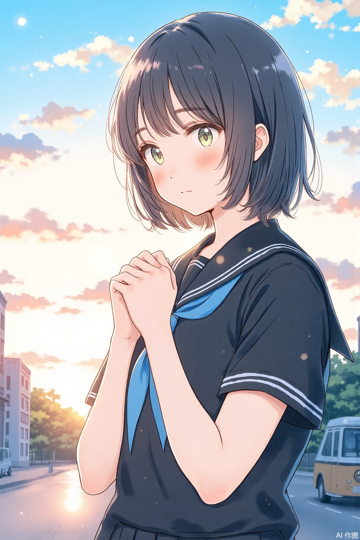 1girl, solo, looking at viewer, blush, short hair, bangs, shirt, black hair, holding, closed mouth, school uniform, green eyes, upper body, short sleeves, outdoors, sky, serafuku, cloud, sailor collar, from side, neckerchief, black shirt, bob cut, ground vehicle, building, reflection, bubble, black sailor collar, sunset, black serafuku, blue neckerchief,masterpiece,best quality,high quality,overexposure,chromatic_aberration,light,colorful,fair_skin,very aesthetic,absurdres,amazing quality,(aestivation:0.4),(nasii:0.4),(toosaka asagi:0.4),(atdan:0.4),(artist:quasarcake:0.8),(iumu:0.72),(wlop:0.72),96YOTTEA,Konya Karasue, //, depth of field,detailed light,blurry background,best shadow,cinematic lighting,ray tracing, ultra detailed, newest,in the style of fashion photography,dynamic, dynamic force picture, vibrant colored watercolor drawing with ink sketch lines