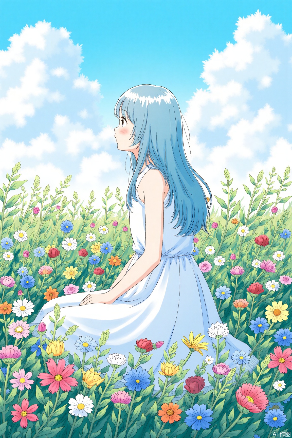 Best quality, masterpiece, illustration, (reflection of light), extremely absurd detail, (movie poster), (signature: 1.3)English text: 1.3), 1 girl, girl among flowers, profile, pure sky blue hair, black eyes, clear sky, outdoors, clavicle, sitting a paintbrush painting, wilderness long hair, clear fabric boundary, white dress, fantasy landscape, floral ground, thousands of flowers, colorful flowers, surrounding flowers,