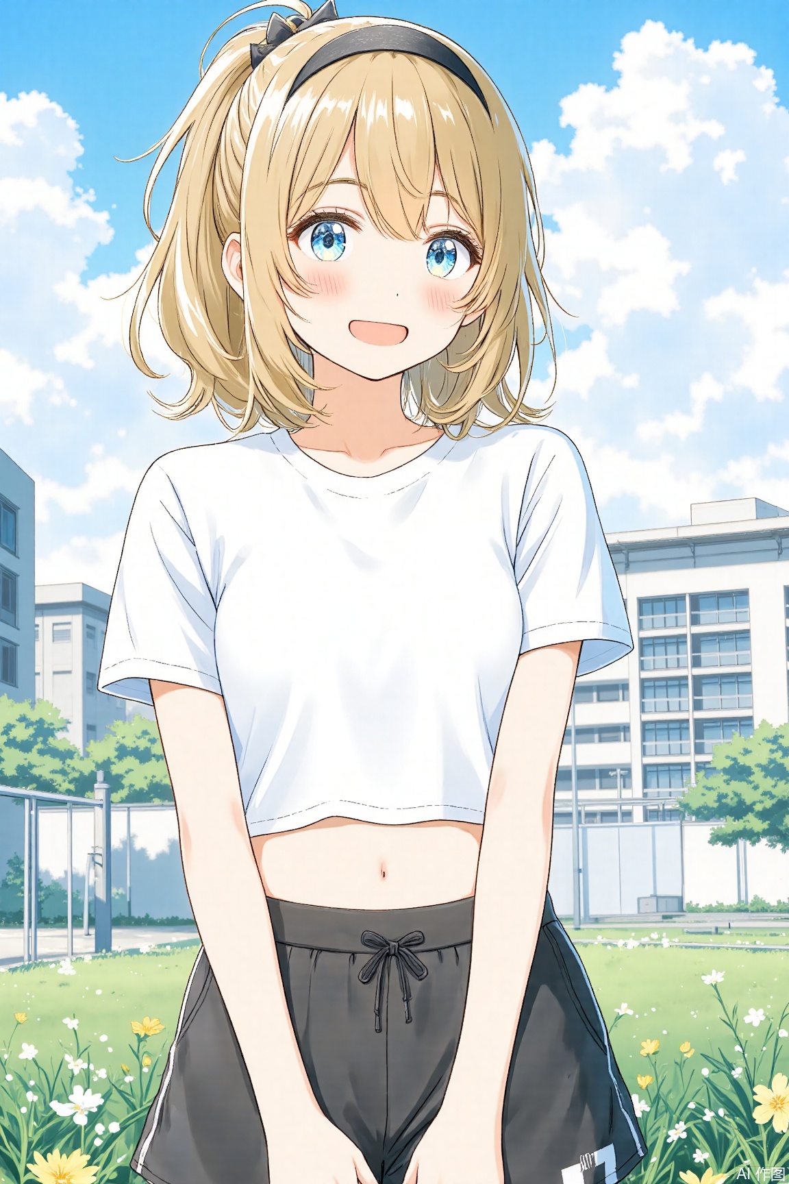 clear picture, illustrations, perfect scenery, perfect environment, depth of field, masterpiece, best quality, high quality, very detailed CG, unified 8k wallpaper, very detailed, high detail, anime style, cover art, extreme aesthetics, masterpiece, best quality, good quality, latest, very aesthetic, absurd, visual impact 32K UHD, sharp focus, influential pictures, official art 1girl, solo, breasts, looking at viewer, blush, smile, open mouth, bangs, blue eyes, blonde hair, shirt, navel, hair between eyes, medium breasts, white shirt, ponytail, short sleeves, :d, cowboy shot, sweat, hairband, shorts, midriff, pants, virtual youtuber, stomach, crop top, v, black shorts, black hairband, sports bra, crossed bangs, gym, kazama iroha, vibrant colored watercolor drawing with ink sketch lines
