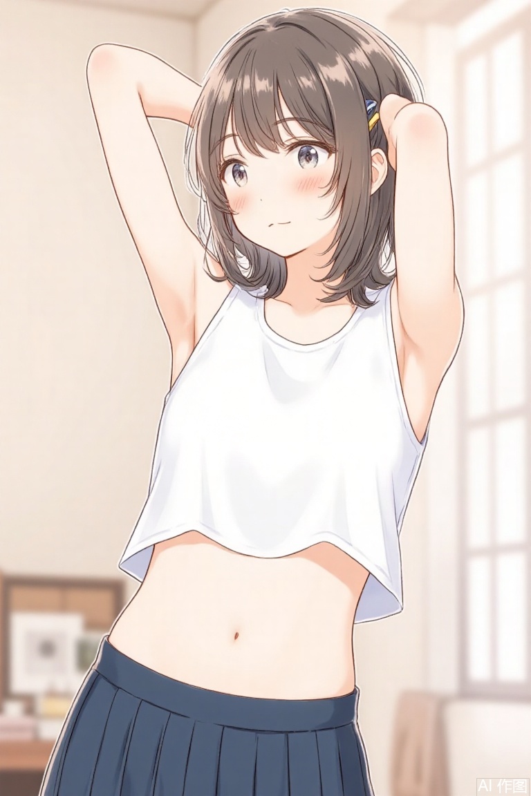 1 girl, solo, navel, looking at the audience, hair accessories, arm lift, armpit, sleeveless, abdomen, abdomen, powder blusher, navel revealing blouse