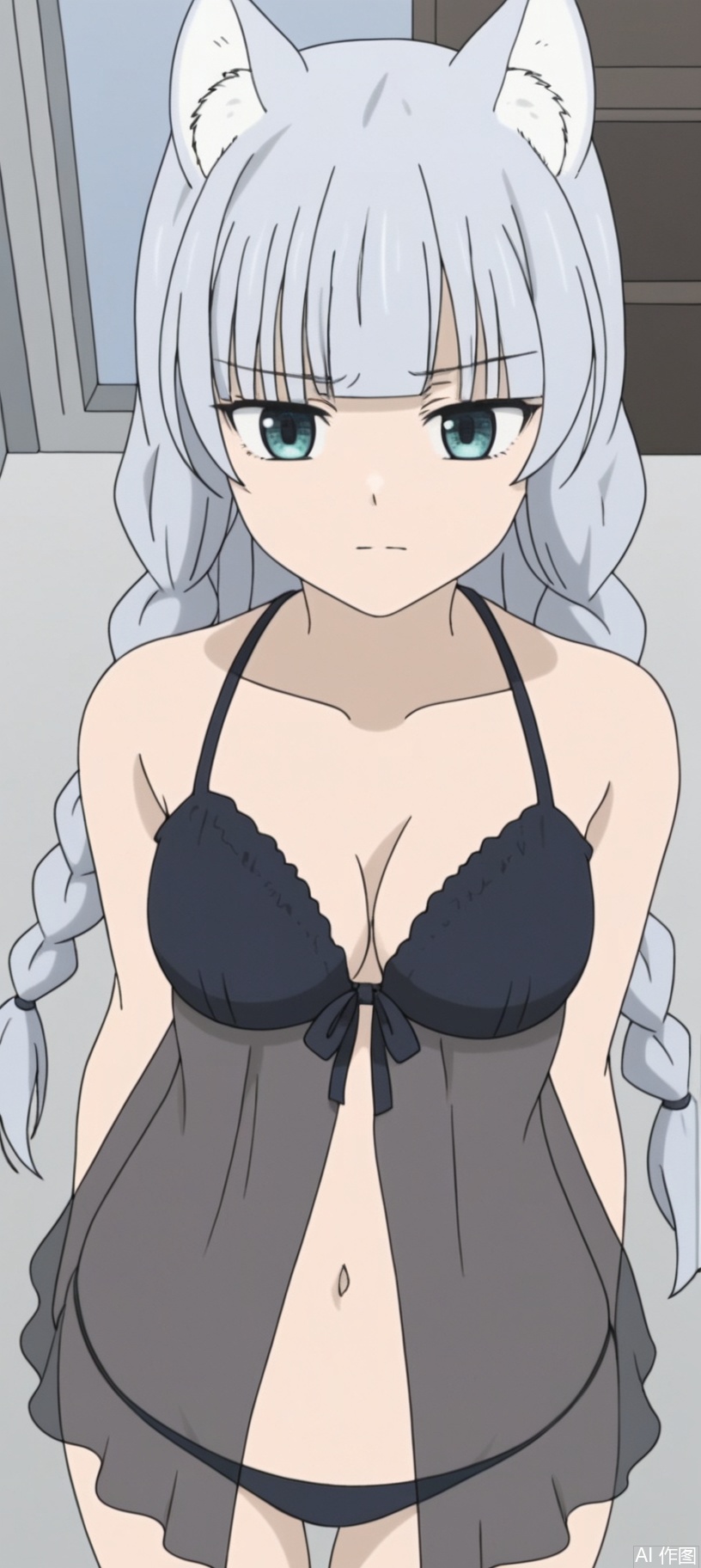 (8k),HD,(masterpiece）,Full-body shot,1girl, solo, breasts, looking at viewer, navel, cleavage, medium breasts, underwear, collarbone, upper body, indoors, see-through, lingerie, babydoll，high angle shot，medium shot,1，long hair, bangs, blue eyes, animal ears, braid, grey hair, cat ears, twin braids, :3, wolf ears, cloak