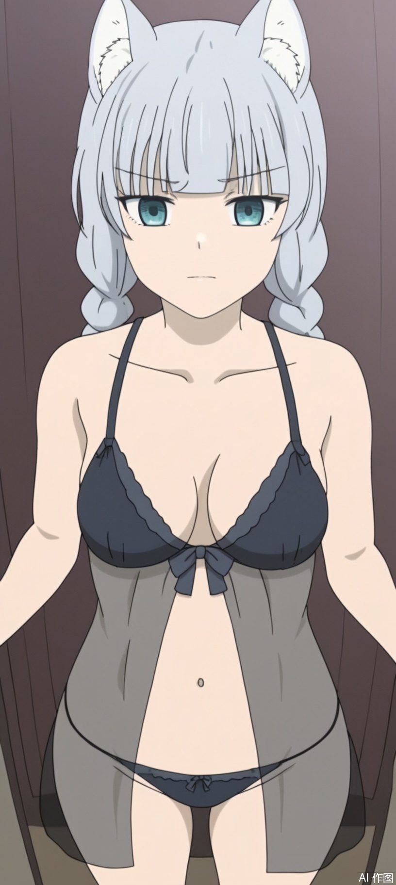 (8k),HD,(masterpiece）,Full-body shot,1girl, solo, breasts, looking at viewer, navel, cleavage, medium breasts, underwear, collarbone, upper body, indoors, see-through, lingerie, babydoll，high angle shot，medium shot,1，long hair, bangs, blue eyes, animal ears, braid, grey hair, cat ears, twin braids, :3, wolf ears, cloak