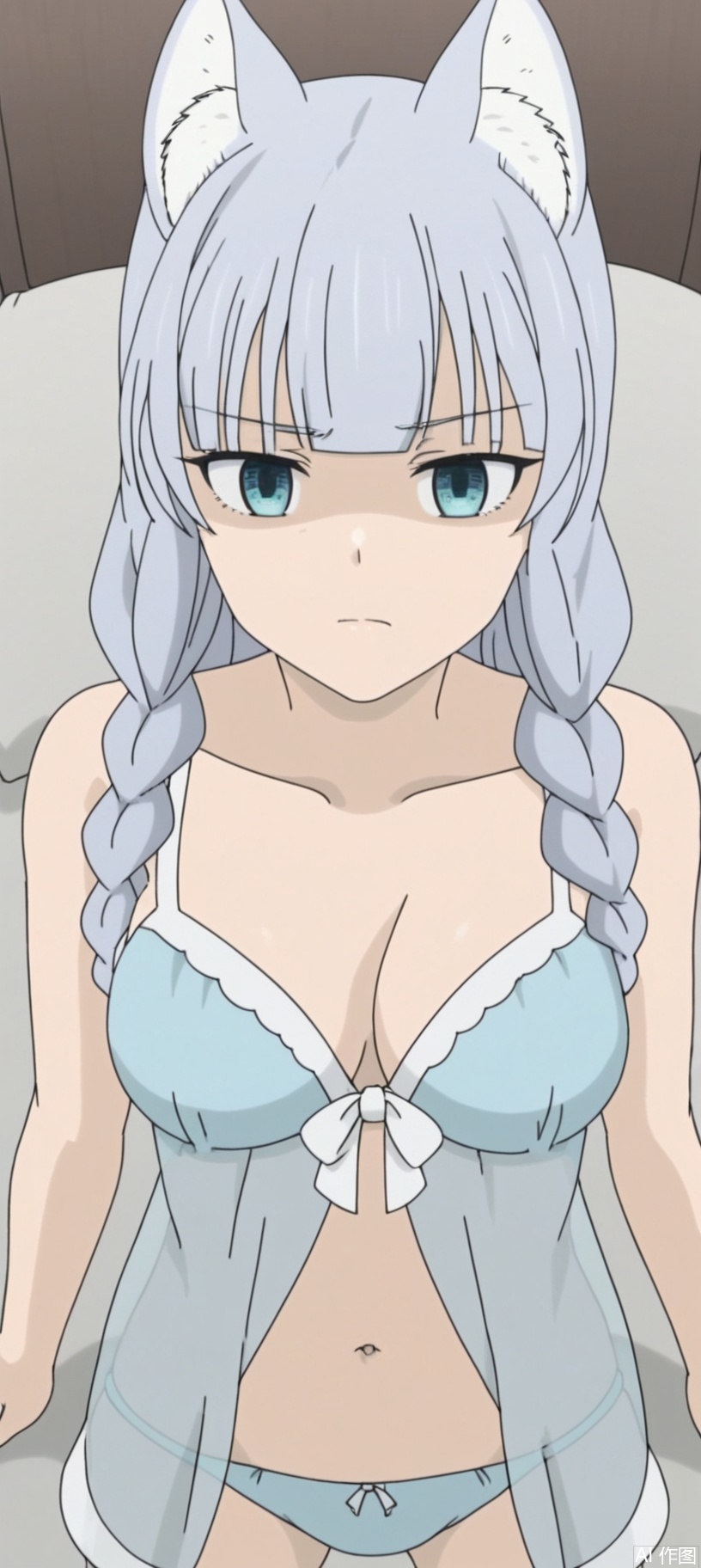 (8k),HD,(masterpiece）,Full-body shot,1girl, solo, breasts, looking at viewer, navel, cleavage, medium breasts, underwear, collarbone, upper body, indoors, see-through, lingerie, babydoll，high angle shot，medium shot,1，long hair, bangs, blue eyes, animal ears, braid, grey hair, cat ears, twin braids, :3, wolf ears, cloak
