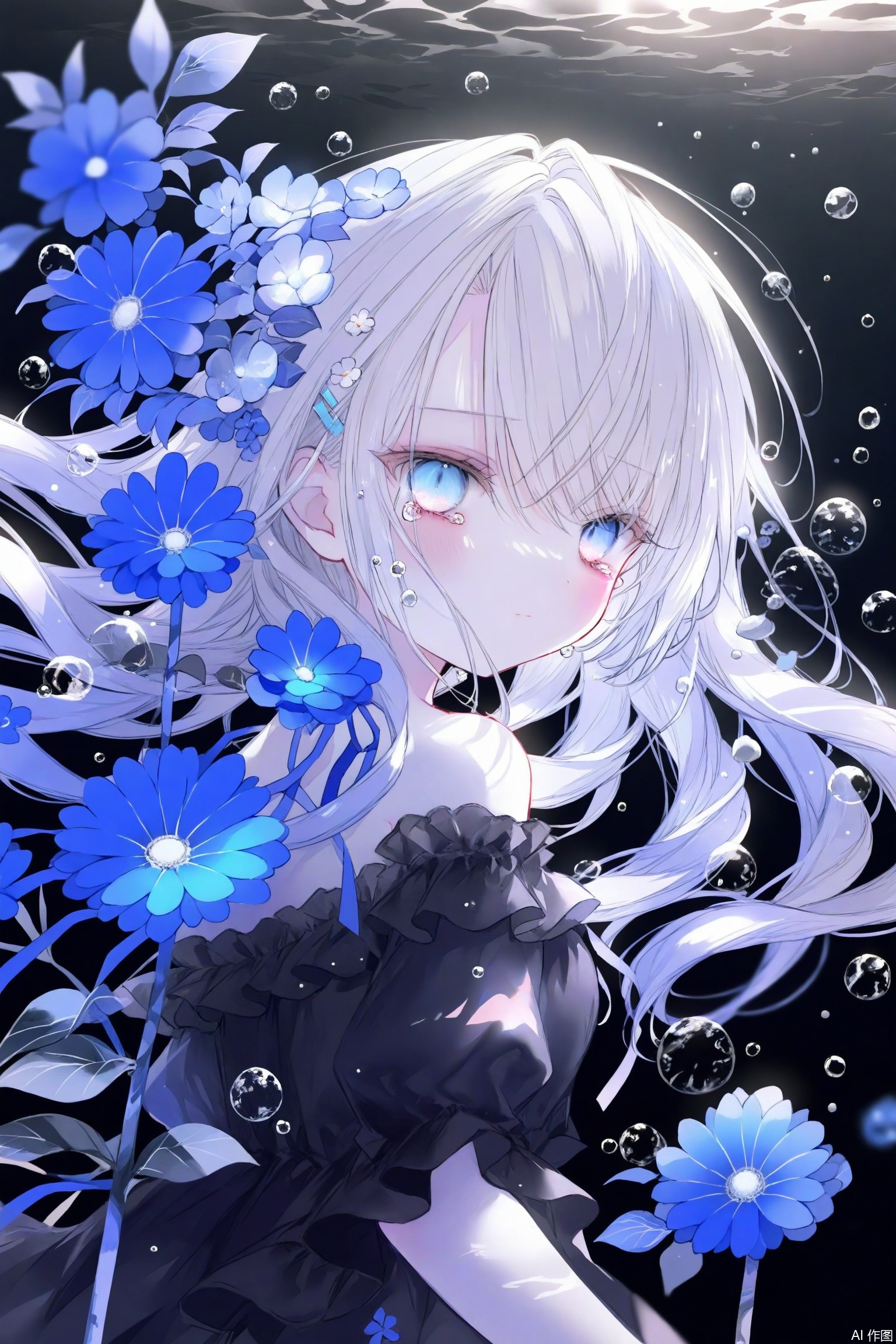 best, 1girl, solo, flower, blue flower, blue eyes, hair ornament, looking at viewer, off shoulder, long hair, off-shoulder dress, bubble, upper body, dress, white hair, bare shoulders, hairclip, black dress, closed mouth, blue ribbon, off-shoulder shirt, rose, ribbon, water drop, air bubble, floating hair, hair flower, hair between eyes, black background, tears, black shirt, multicolored eyes, blue rose, blush, looking to the side, frills, from side, shirt, crying with eyes open, looking back, underwater, frilled dress, grey hair, crying, dark background, floral background, white flower, gradient eyes, pale skin, gradient background, blue theme, eyelashes, blurry, expressionless, simple background, breasts, swept bangs, teardrop