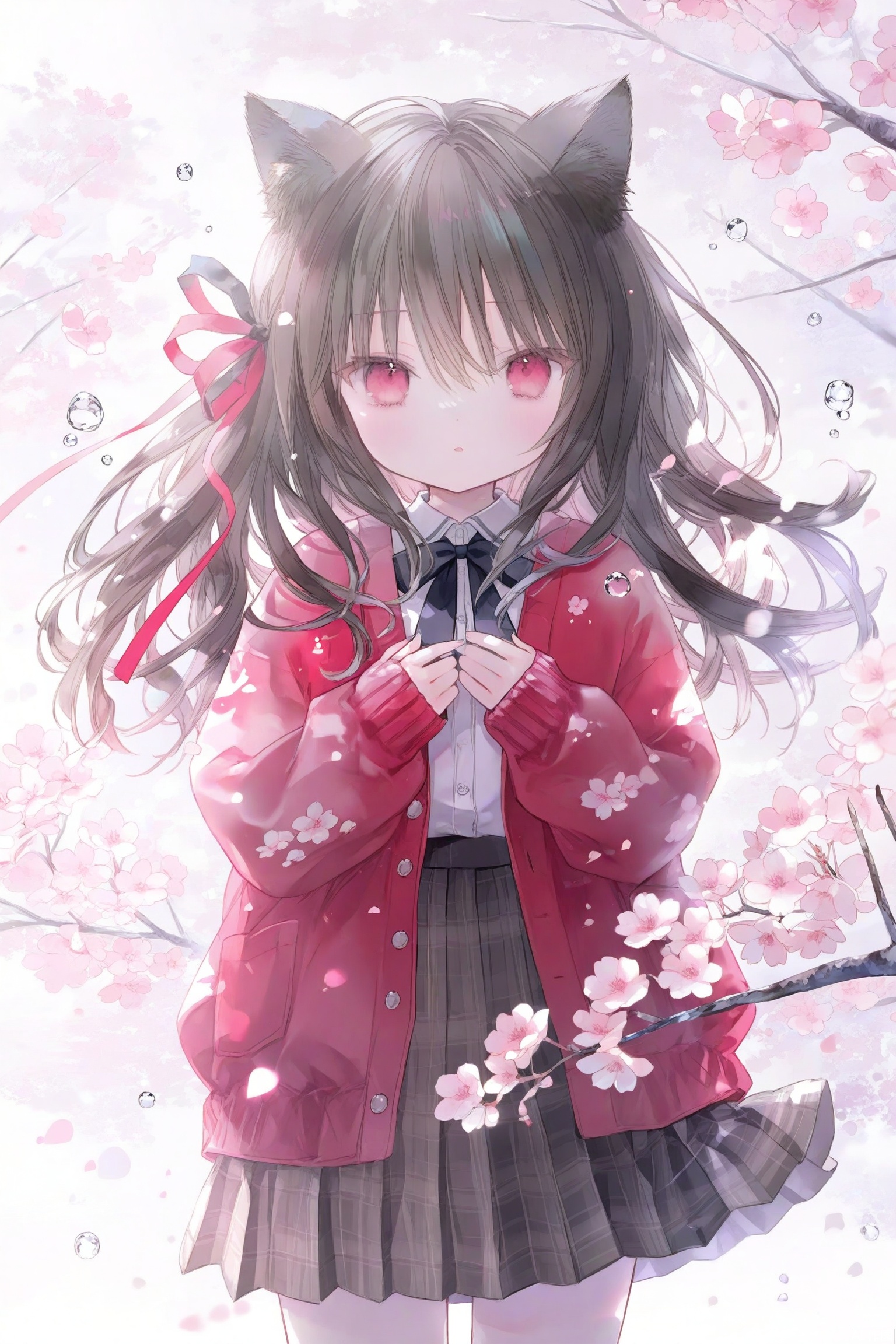 loli, 1girl, solo, animal ears, red eyes, ribbon, cat ears, skirt, shirt, black hair, white shirt, long hair, red jacket, looking at viewer, red ribbon, pink flower, hair ribbon, cherry blossoms, parted lips, open clothes, collared shirt, long sleeves, plaid skirt, black ribbon, flower, black skirt, plaid, jacket, neck ribbon, shirt tucked in, hair between eyes, open jacket, black bow, red coat, water drop, sleeves past wrists, branch, blurry, black bowtie, standing, pleated skirt, sparkle, brown skirt, cowboy shot, red cardigan, bow, cat girl, straight-on, hands on own chest, cardigan, open cardigan, animal ear fluff, school uniform, upper body