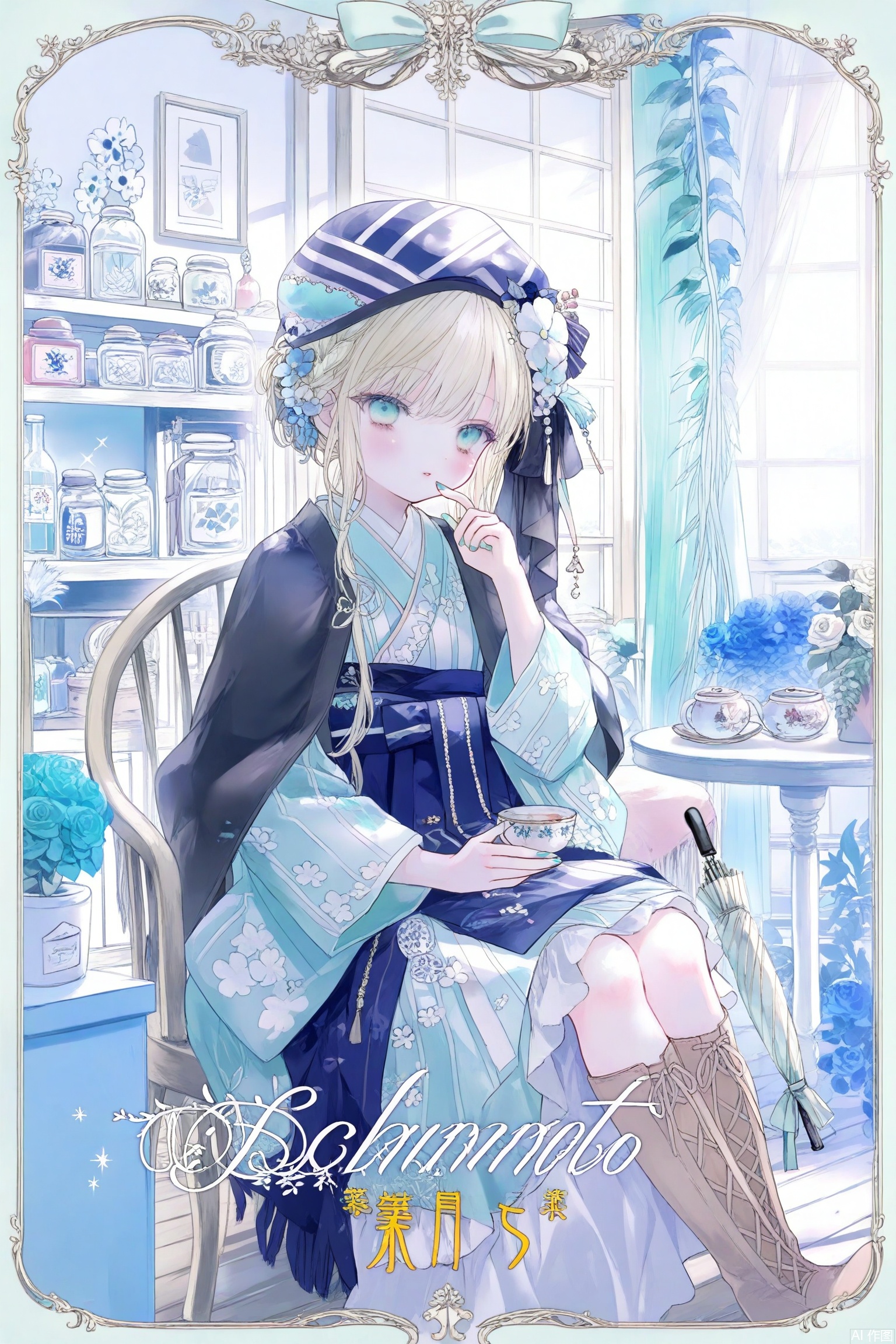 loli, 1girl, flower, japanese clothes, kimono, sash, solo, umbrella, cross-laced footwear, blue flower, cup, gloves, obi, boots, chair, sitting, blue kimono, hair ornament, black gloves, lace-up boots, hair flower, looking at viewer, chest of drawers, blue rose, holding, jar, blue nails, hat, vase, white flower, aqua kimono, blue eyes, sidelocks, window, white rose, hair bun, wooden floor, nail polish, striped headwear, single hair bun, rose, single glove, wide sleeves, braid, holding cup, indoors, long hair, box, striped clothes, long sleeves, blue headwear, yellow nails, frills, closed umbrella, border, knee boots, black footwear, lace trim, unworn gloves, refrigerator, brown footwear, grey hair, shawl, potted plant, braided bun, lace-trimmed gloves, lace-trimmed sleeves, on chair, aqua eyes, aqua theme, aqua nails, teapot, frilled kimono, cabinet, drawer, bottle, bouquet, shelf, feet out of frame, blush, blue border, makeup, furisode, brown gloves, jewelry, vertical-striped clothes, lace gloves, lace, blonde hair, white sash, flower pot, plant, capelet, lipstick, teacup, english text, white umbrella, inset border, character name, table, parted lips, finger to mouth, curtains, french braid