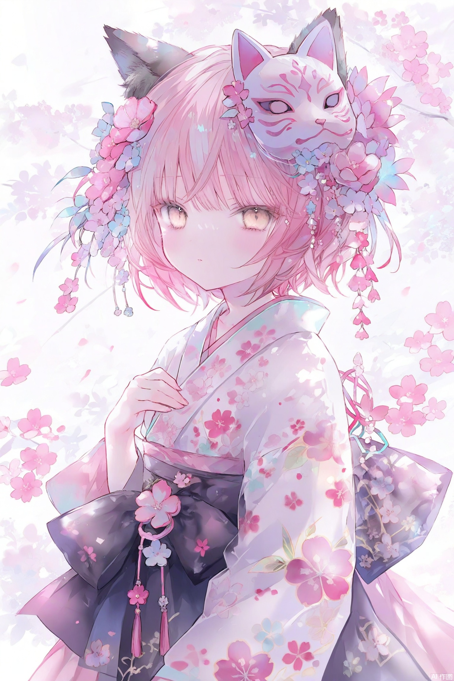 1girl, solo, blush, short hair, hair ornament, animal ears, yellow eyes, pink hair, flower, japanese clothes, hair flower, kimono, fox ears, mask, fox mask