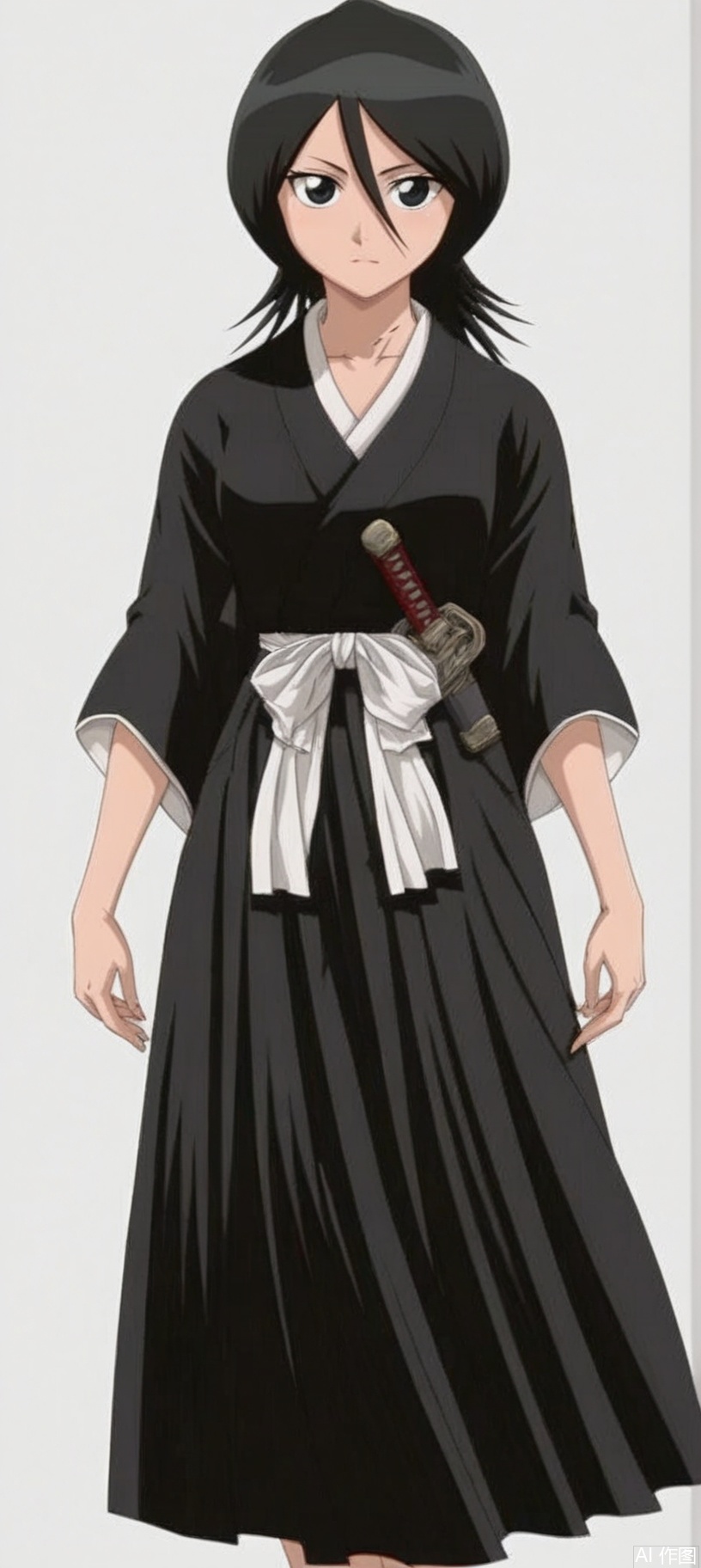 (8k),HD,(masterpiece）,Full-body shot,1girl, solo, breasts, looking at viewer, indoors, high angle shot，medium shot,skirt, simple background, black hair, white background, hair between eyes, weapon, japanese clothes, sword, black eyes, katana, hakama, black kimono, black hakama, kuchiki rukia,gg