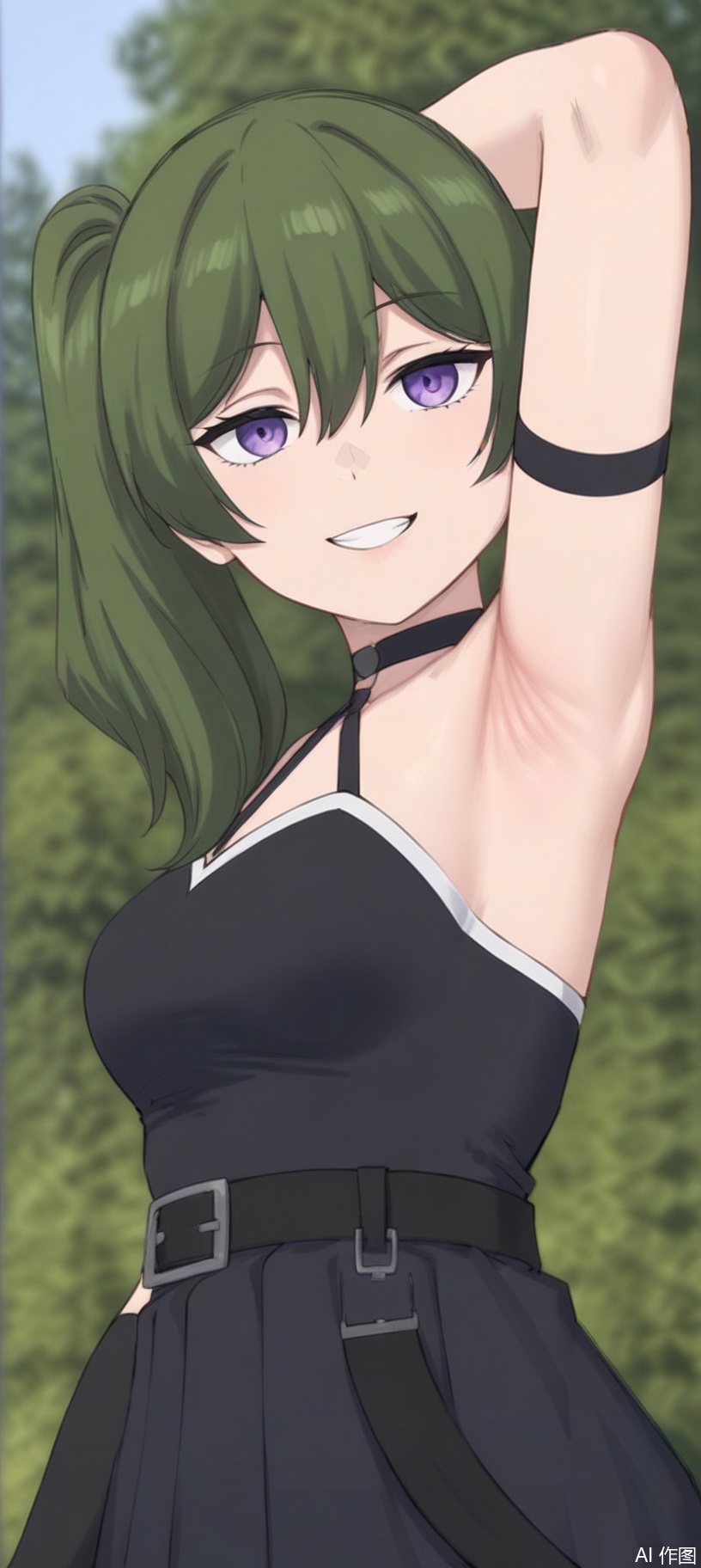 ,gg，1girl, solo, long hair, breasts, looking at viewer, smile, bangs, dress, hair between eyes, bare shoulders, purple eyes, outdoors, green hair, sleeveless, choker, belt, armpits, grin, black dress, arm up, side ponytail, tree, sleeveless dress, arm behind head, black belt, presenting armpit