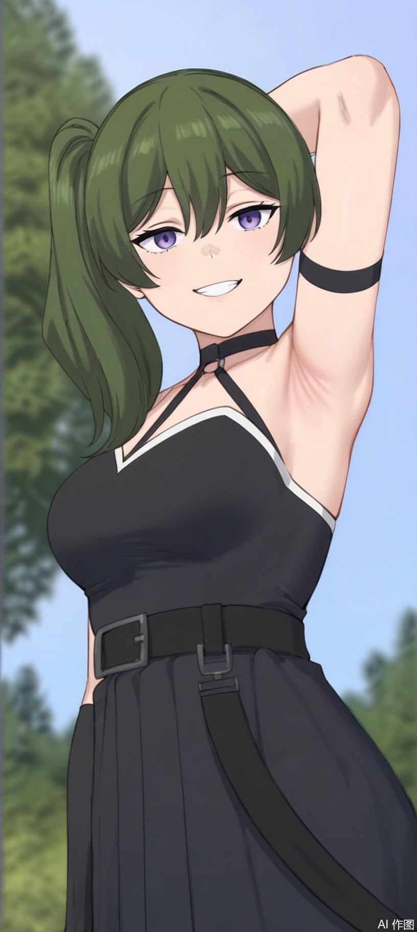 ,gg，1girl, solo, long hair, breasts, looking at viewer, smile, bangs, dress, hair between eyes, bare shoulders, purple eyes, outdoors, green hair, sleeveless, choker, belt, armpits, grin, black dress, arm up, side ponytail, tree, sleeveless dress, arm behind head, black belt, presenting armpit