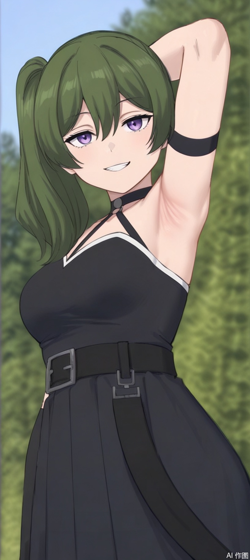 ,gg，1girl, solo, long hair, breasts, looking at viewer, smile, bangs, dress, hair between eyes, bare shoulders, purple eyes, outdoors, green hair, sleeveless, choker, belt, armpits, grin, black dress, arm up, side ponytail, tree, sleeveless dress, arm behind head, black belt, presenting armpit
