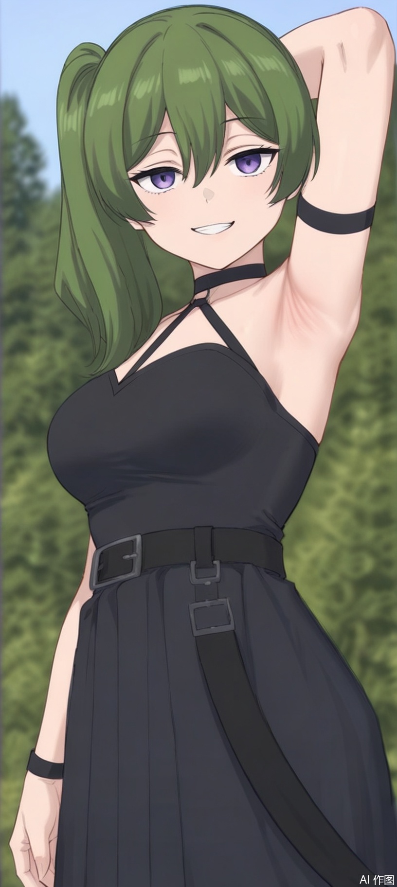 ,gg，1girl, solo, long hair, breasts, looking at viewer, smile, bangs, dress, hair between eyes, bare shoulders, purple eyes, outdoors, green hair, sleeveless, choker, belt, armpits, grin, black dress, arm up, side ponytail, tree, sleeveless dress, arm behind head, black belt, presenting armpit
