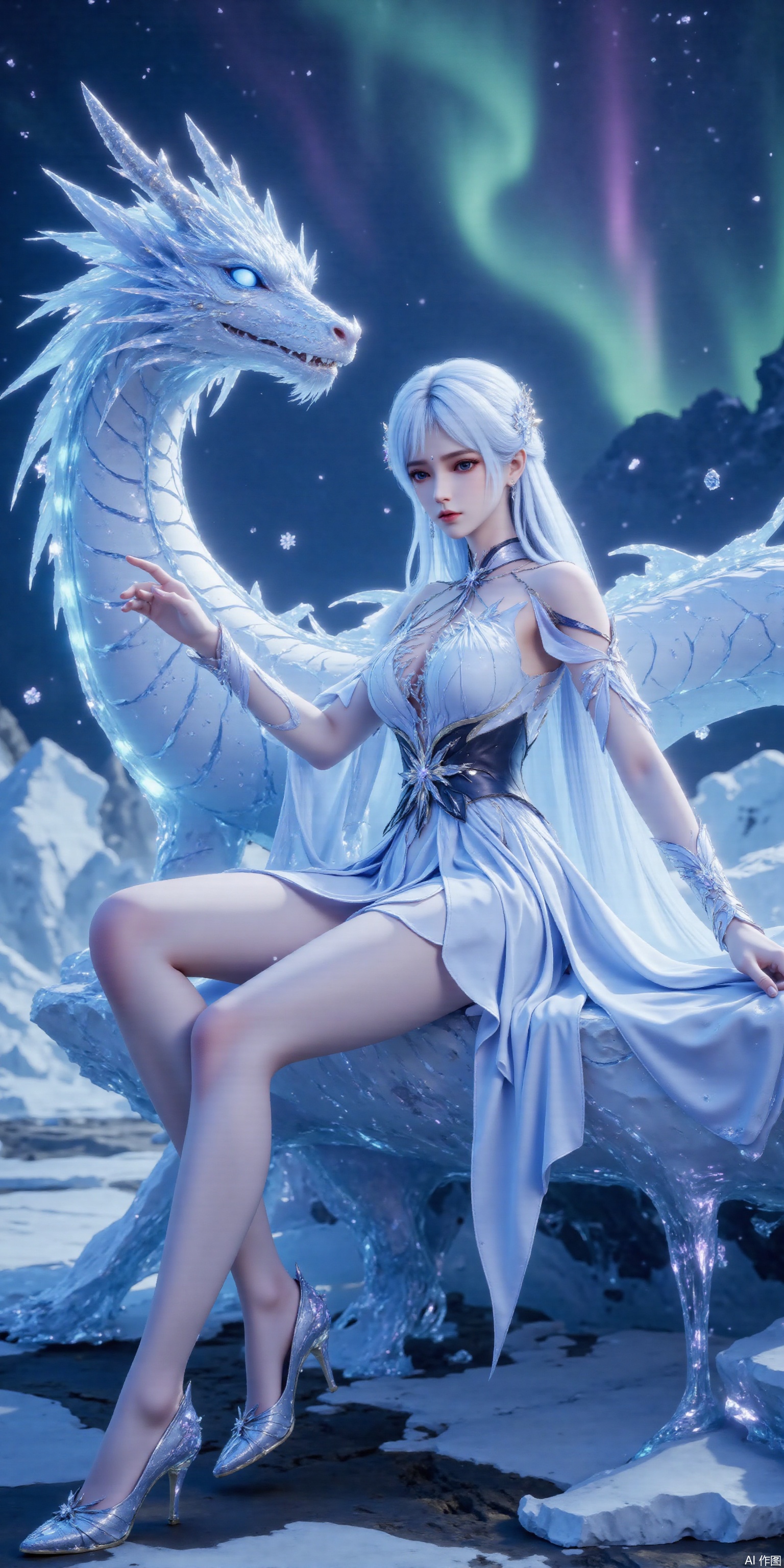 Utilize 8k and 16k detail restoration to ensure a crystal - clear, non - blurry image. The woman has optimally - formed limbs, 
 
A woman with white hair . Her face is rendered with meticulous detail, exuding a strong sense of texture, and her eyes are irresistibly alluring.
 
She is dressed in a short white - blue ice - like dress, with white as the dominant color and blue as the secondary color. Keeping it tastefully non - revealing, her long legs, which are two - meter - long, maintain an upper - to - lower body ratio of 4:6. Add a subtle pinkish special effect to her legs to maintain a proper level of exposure. She has a supermodel - like figure with well - defined body lines and perfect supermodel proportions.
 
In the background, in the Arctic region, there are colorful auroras in the sky. On an iceberg, with the ground taking up approximately 5% of the frame, a Chinese ice dragon made of ice blocks has distinct lines, appears highly realistic and textured. Particle effects around it emit a blue light. At the top of the picture, the dragon seems to be protecting the girl. The scales, eyes, and mouth of the dragon emit an icy glow, conveying a sense of majestic power. Incorporate some ice - related elements that match the dragon's color. This is a fantasy - themed art piece with delicate and highly detailed features, with even more details added. The woman is lying and趴着sideways on the dragon, striking a charming pose with supermodel - like movements and postures, and looking directly into the camera. The camera, positioned on the ground, shoots at a 45 - degree angle with a 0.5 - times ultra - wide - angle lens to make her appear taller and more imposing. Master - class photography techniques are employed.
