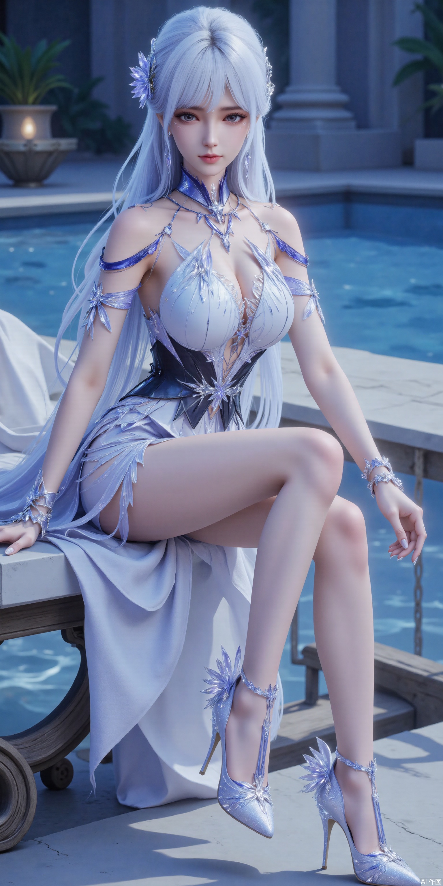Ultra clear, wallpaper, 8k, masterpiece, masterpiece,best quality,high quality,,chromatic_aberration,Hair accessories,swimwear,Super long legs
,High heeled sandals,earring,white hair,Light Blue Theme,long legs ,thin legs
(masterpiece,wallpaper,best quality:2),1girl,full body,hanfu,full_shot,wallpaper,anime_style_blush,full body,beautiful legs,seductive_smile,[[[socks_removed]]],wet_swimsuit,looking_at_viewer,dumpling_Hug_Pillow,sitting,swimming pool,embossed high heels,plns_high heels
