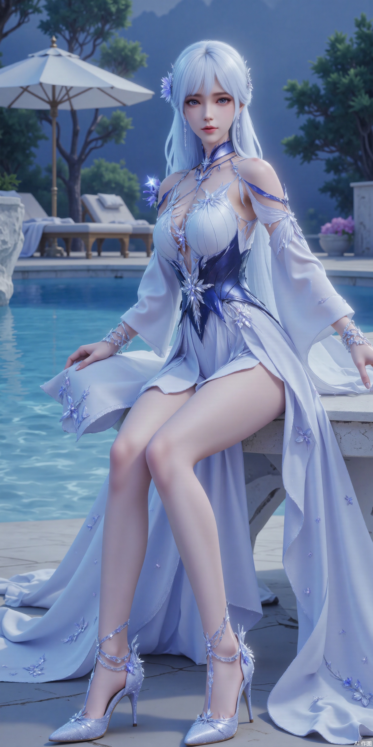 Ultra clear, wallpaper, 8k, masterpiece, masterpiece,best quality,high quality,,chromatic_aberration,Hair accessories,swimwear,Super long legs
,High heeled sandals,earring,white hair,Light Blue Theme,long legs ,thin legs
(masterpiece,wallpaper,best quality:2),1girl,full body,hanfu,full_shot,wallpaper,anime_style_blush,full body,beautiful legs,seductive_smile,[[[socks_removed]]],wet_swimsuit,looking_at_viewer,dumpling_Hug_Pillow,sitting,swimming pool,embossed high heels,plns_high heels
