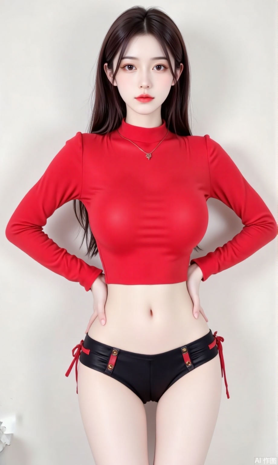 1girl,long hair,Red ultra-short shirt,,hands on hips,full body,dnz,