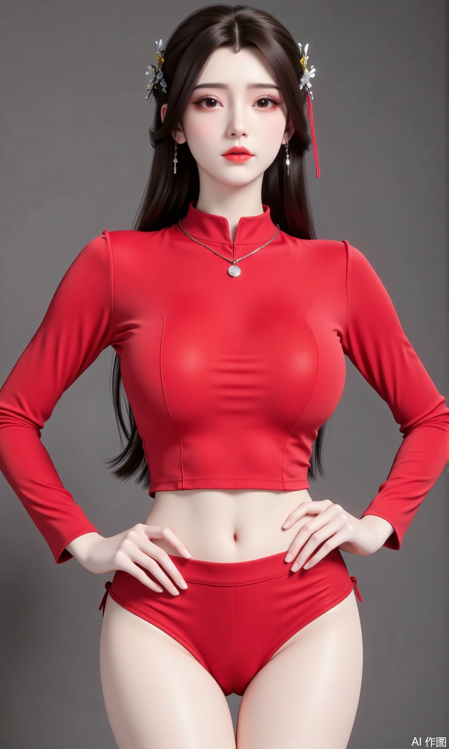 1girl,long hair,Red ultra-short shirt,,hands on hips,dnz,wly