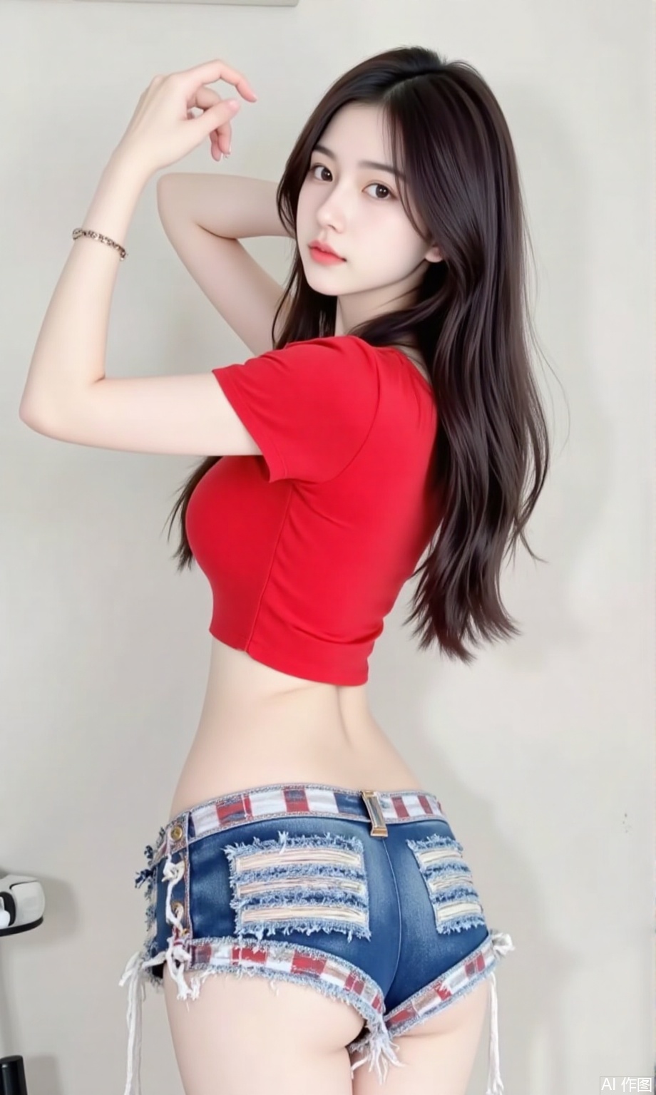 1girl,long hair,Red ultra-short shirt,,full body,dnz,Ultra short jeans,Free movement,bs,ass,back turned,top-down bottom-up