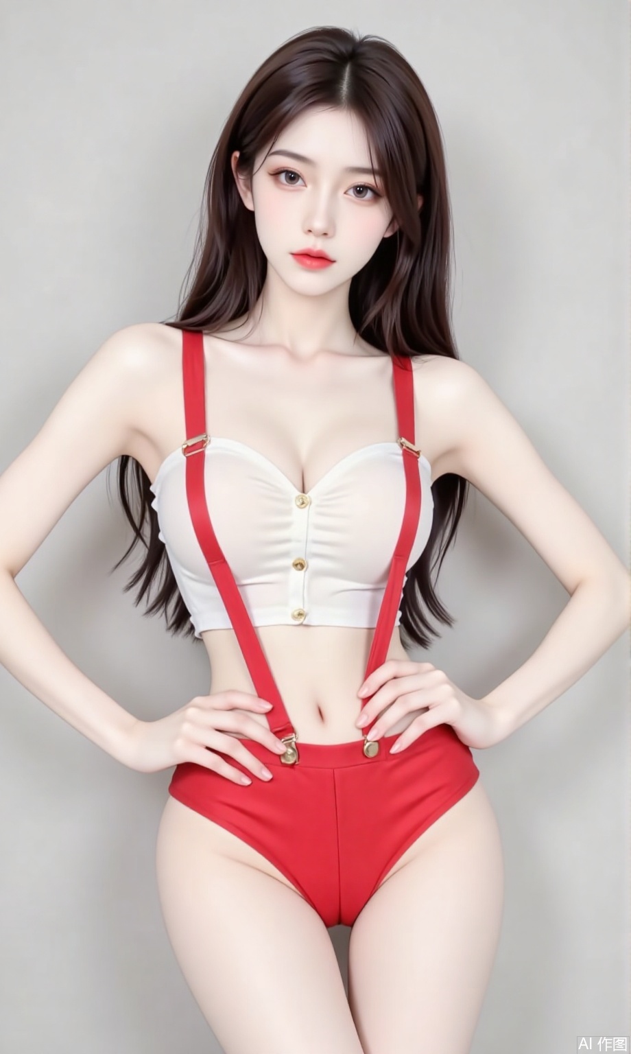 1girl,long hair,Short red suspenders,Show your waist,,,hands on hips,full body,dnz,