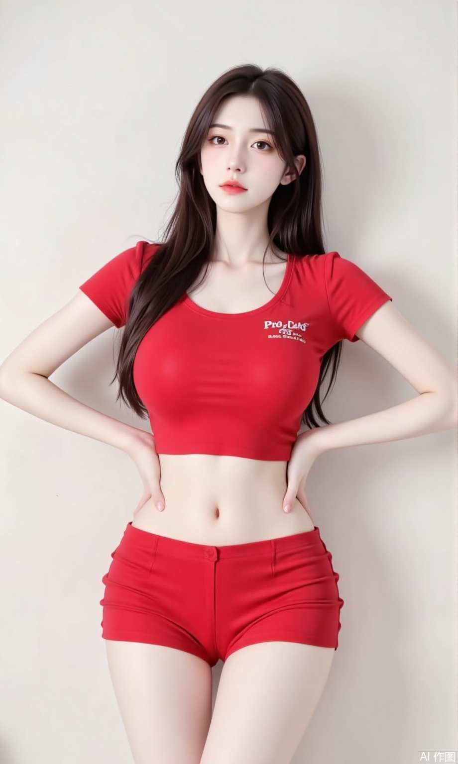 1girl,long hair,Red ultra-short shirt,,hands on hips,dnz,