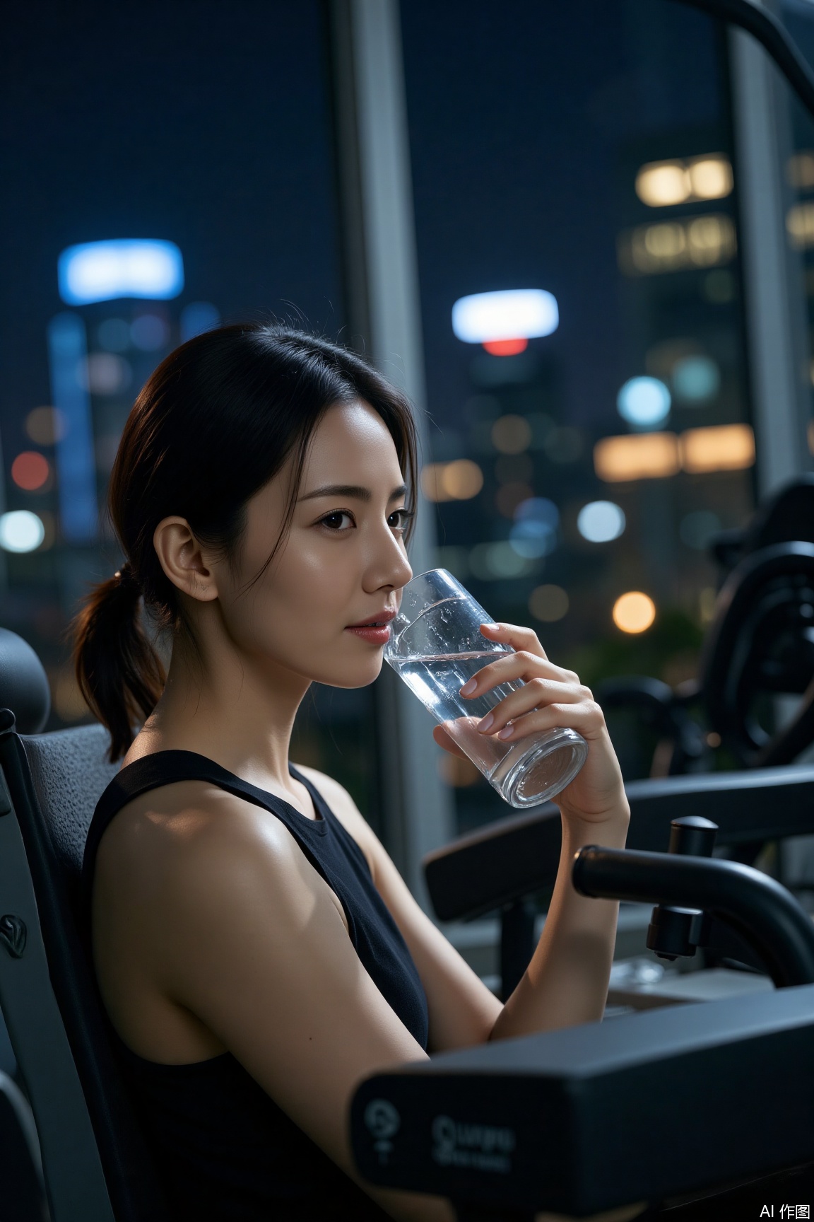 Relaxing at the gym after work: She leans against the equipment, drinking water after exercise. The city night view is bright through the floor - to - ceiling windows, and sweat on her neck reflects the neon lights. Shot with Panasonic Lumix S5, 85mm f/1.8, ISO 1600, 1/100s.,plns,tgh