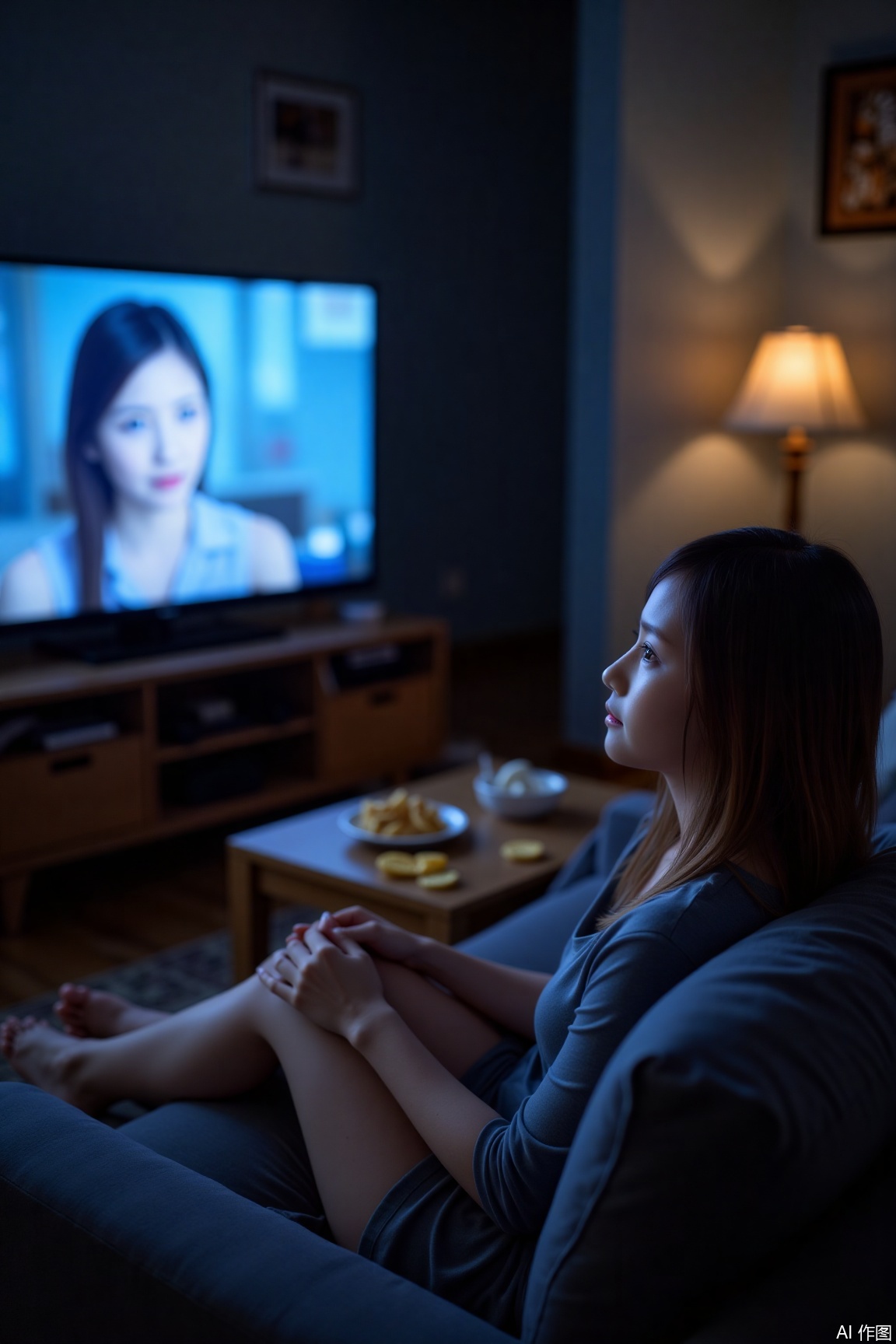 In the living room, she curls up on the sofa watching dramas, snacks scattered around, with the blue light of the TV screen flickering. Taken with Olympus OM-D E-M1X, 45mm lens, f/2.2, ISO 640, mixed lighting creates a lazy home movie atmosphere.,plns,tgh,