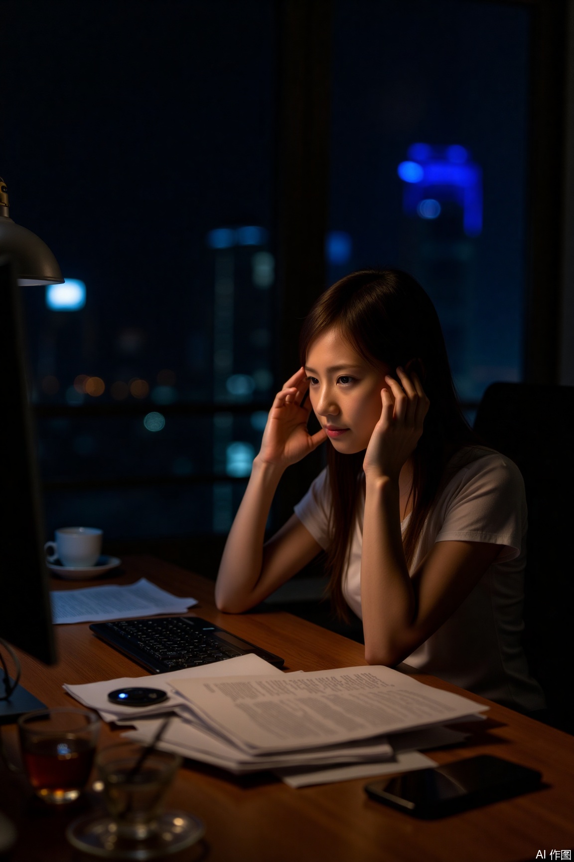 At the desk late at night, she rubs her temples while reviewing documents. The warm light of the desk lamp is fragmented by the neon lights outside the window. A cup of cold tea sits beside the computer, and the blue light from the screen reflects on her tired face. Among the messy pile of documents, the phone screen suddenly lights up with a new message. Dark-toned environment, local highlights, Canon EOS 5D Mark IV, f/2.2, 1/100 second, 35mm lens.,plns,tgh,