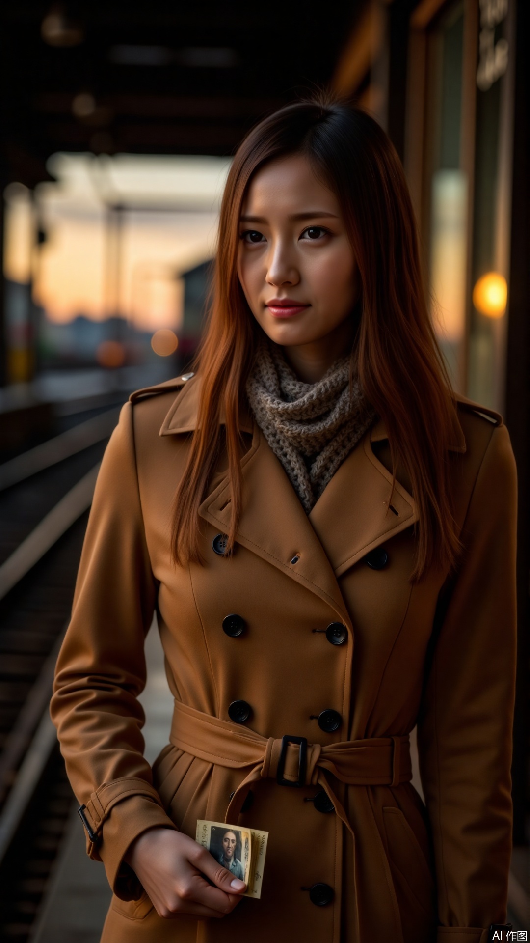 In the dimly lit train station at dusk, a young woman in a camel trench coat clutches a weathered ticket, her eyes anxious as she looks around restlessly. The public address system crackles, and the distant railway tracks glint coldly. Her scarf billows in the wind, and half of an old photograph peeks out from her pocket, hinting at a long-awaited reunion. The dark golden sunset stretches her shadow, filling the air with a palpable tension of longing and anticipation. Cinematic widescreen format, film grain texture enhances the nostalgic mood.
.,plns,tgh