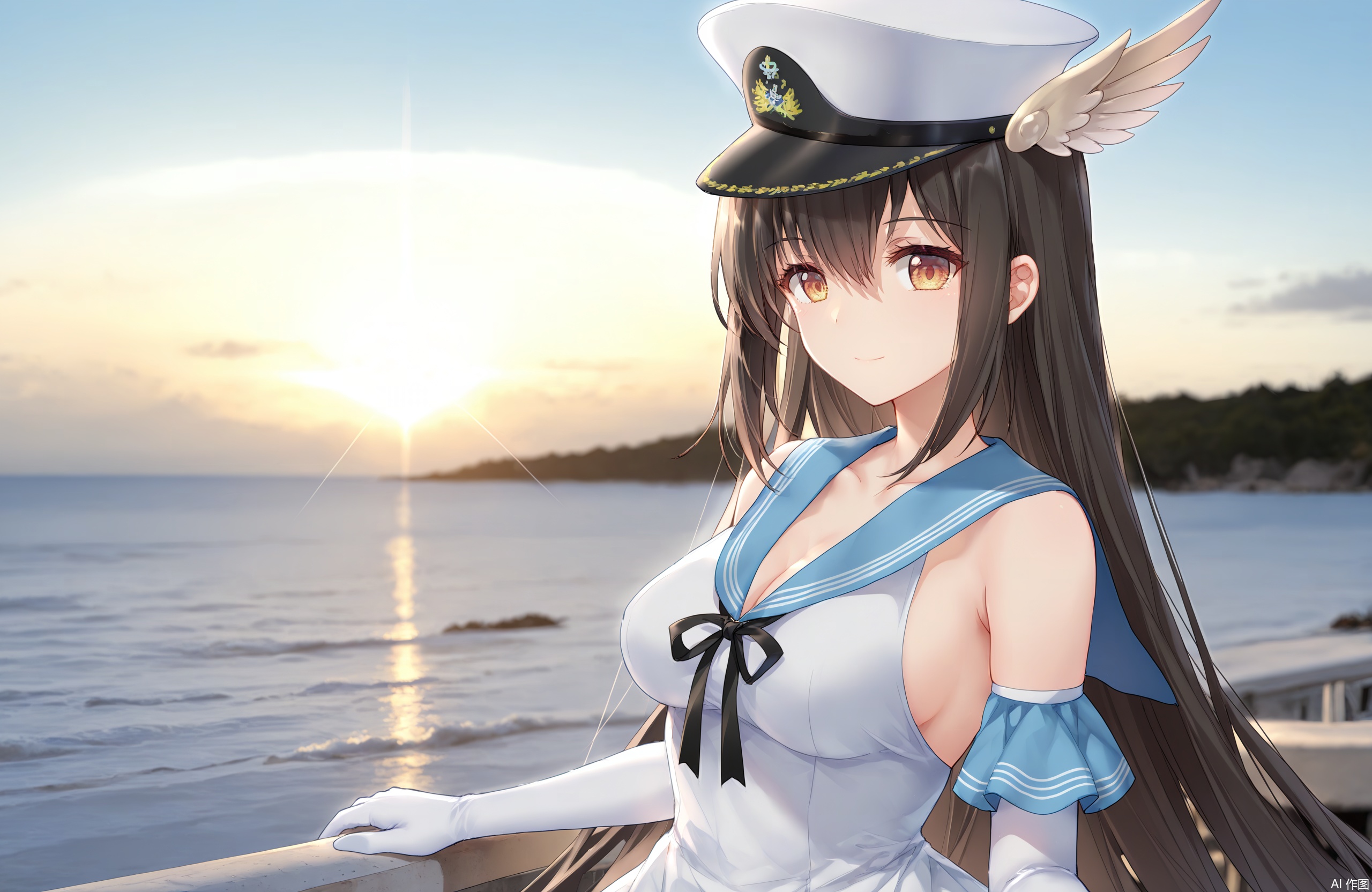 Hermes, 1girl, long hair, sailor collar, solo, elbow gloves, armbands, bare neck, winged hat, white gloves, bare neck, very long hair, white gloves, bare shoulders, white dress, white headwear, armband, neck ribbon, sleeveless, black ribbon, cleavage, medium breasts, military hat, armband, frilled dress, armband over gloves, looking at viewer, sunlight, outdoors, beautiful sky, detailed sea, beautiful detailed lighting,

cinematic lighting, contour deepening, high-key and low-variance brightness scale, soft light, depth of field,

(nyalia:0.3),

3d,game_screenshot,blender_\(medium\),photo background,official art,depth of field,best quality,amazing quality,very aesthetic,absurdres,best quality,masterpiece,ultra detailed, newest,8K,HDR,masterpiece,best quality,newest,absurdres,highres,very awa,