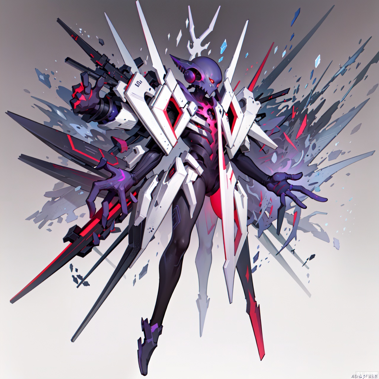 The image depicts a dark, abstract creature with a jagged, crystalline structure. The creature has a predominantly purple color scheme, with sharp, angular protrusions extending outward. It appears to have a menacing, almost menacing expression, with prominent red eyes that stand out against the dark background. The overall design is highly stylized and geometric, giving it a futuristic or alien appearance. The background is plain white, which makes the creature the focal point of the image.monster,crystal