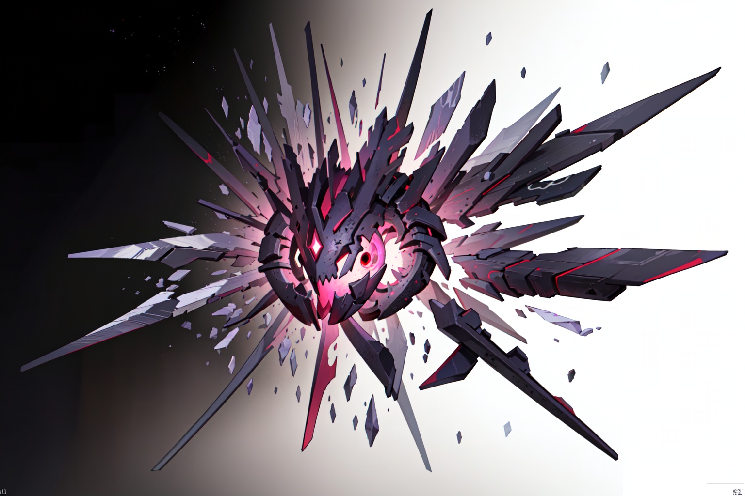 The image depicts a dark, abstract creature with a jagged, crystalline structure. The creature has a predominantly purple color scheme, with sharp, angular protrusions extending outward. It appears to have a menacing, almost menacing expression, with prominent red eyes that stand out against the dark background. The overall design is highly stylized and geometric, giving it a futuristic or alien appearance. The background is plain white, which makes the creature the focal point of the image.monster,crystal