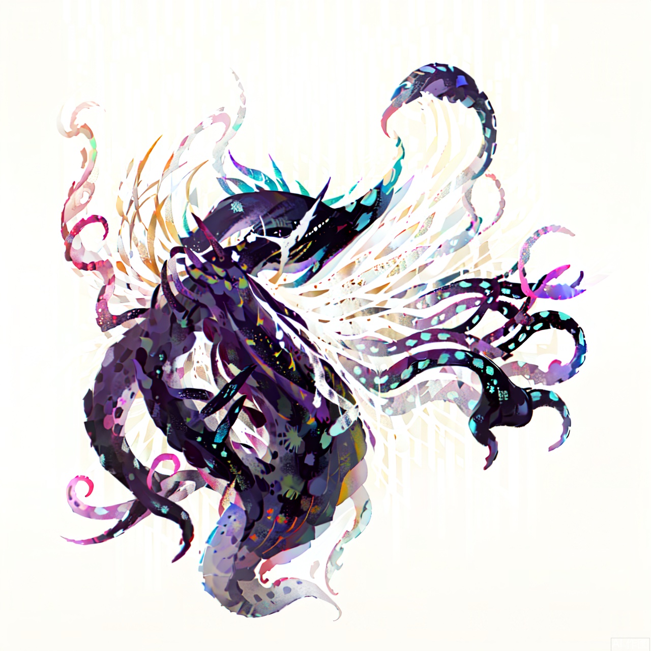 The image depicts a stylized, abstract representation of an octopus-like creature. It features a central body with eight tentacles, each varying in length and color from dark purple to black. The tentacles are arranged in a dynamic, flowing manner, giving the impression of movement or fluidity. The background is plain white, which makes the vivid colors and intricate details of the creature stand out prominently. The overall design is modern and artistic, with a focus on the organic form of the creature.monster,crystal,sdorica
