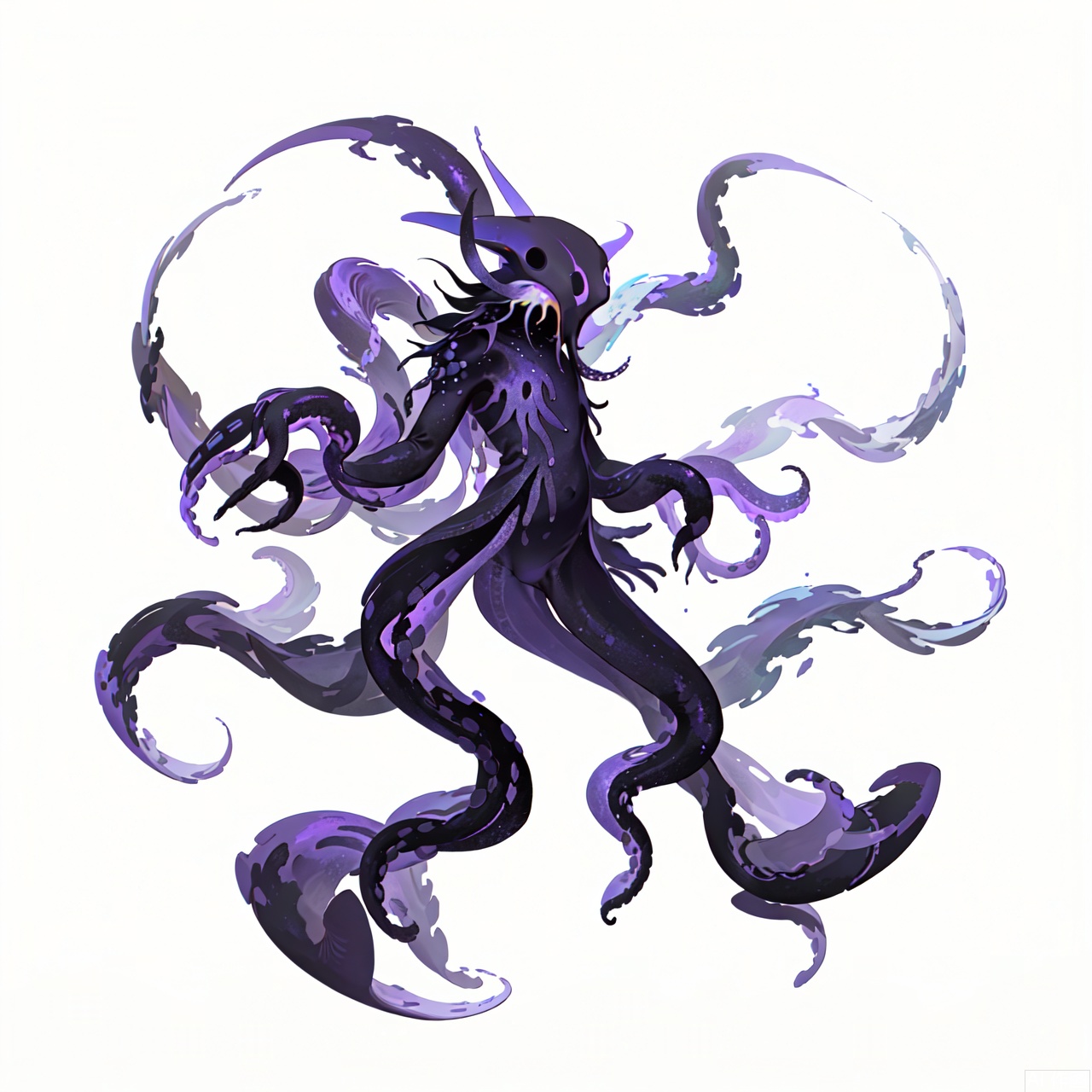 The image depicts a stylized, abstract representation of an octopus-like creature. It features a central body with eight tentacles, each varying in length and color from dark purple to black. The tentacles are arranged in a dynamic, flowing manner, giving the impression of movement or fluidity. The background is plain white, which makes the vivid colors and intricate details of the creature stand out prominently. The overall design is modern and artistic, with a focus on the organic form of the creature.monster,crystal