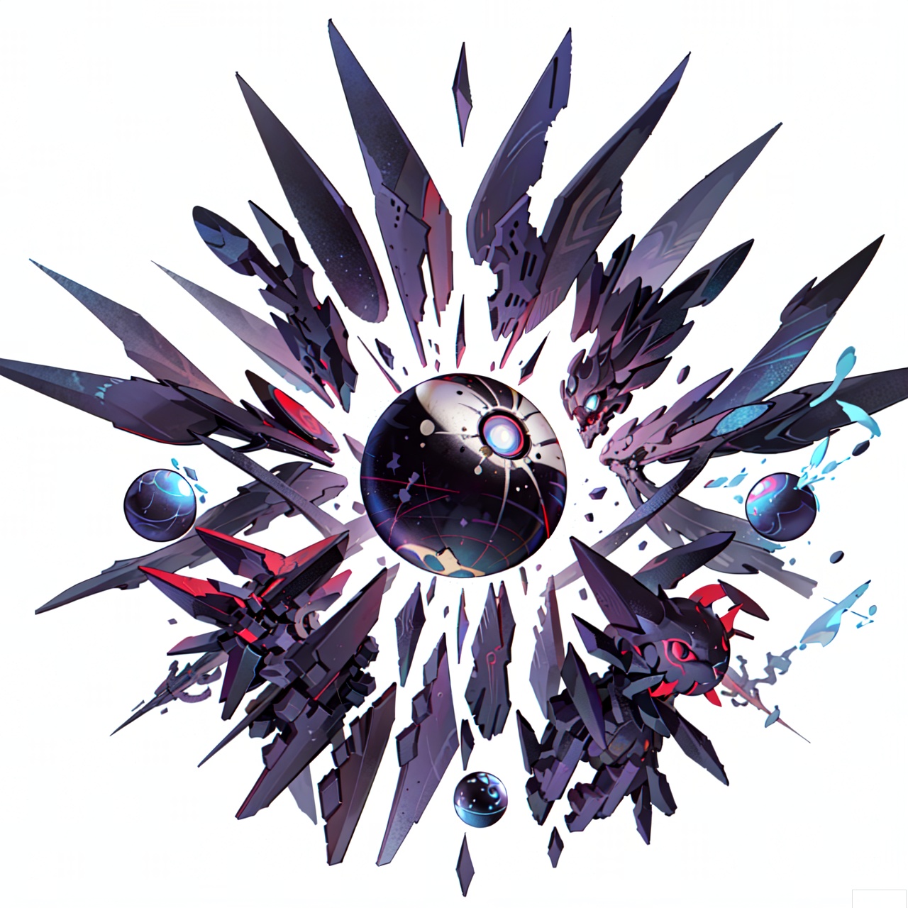 The image depicts a geometric, abstract design featuring a central red object resembling a three-dimensional sphere with intricate patterns. Surrounding this central object are several angular, dark-colored shapes that appear to be fragments or extensions of the sphere. These shapes are arranged in a dynamic, scattered manner, giving the impression of movement or impact. The background is plain white, which contrasts sharply with the vivid red and dark tones of the central object and its surrounding fragments. The overall composition is modern and abstract, with a focus on the interplay between the central sphere and its surrounding geometric elements.monster,crystal