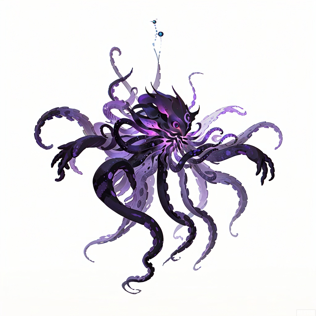 The image depicts a stylized, abstract representation of an octopus-like creature. It features a central body with eight tentacles, each varying in length and color from dark purple to black. The tentacles are arranged in a dynamic, flowing manner, giving the impression of movement or fluidity. The background is plain white, which makes the vivid colors and intricate details of the creature stand out prominently. The overall design is modern and artistic, with a focus on the organic form of the creature.monster,crystal