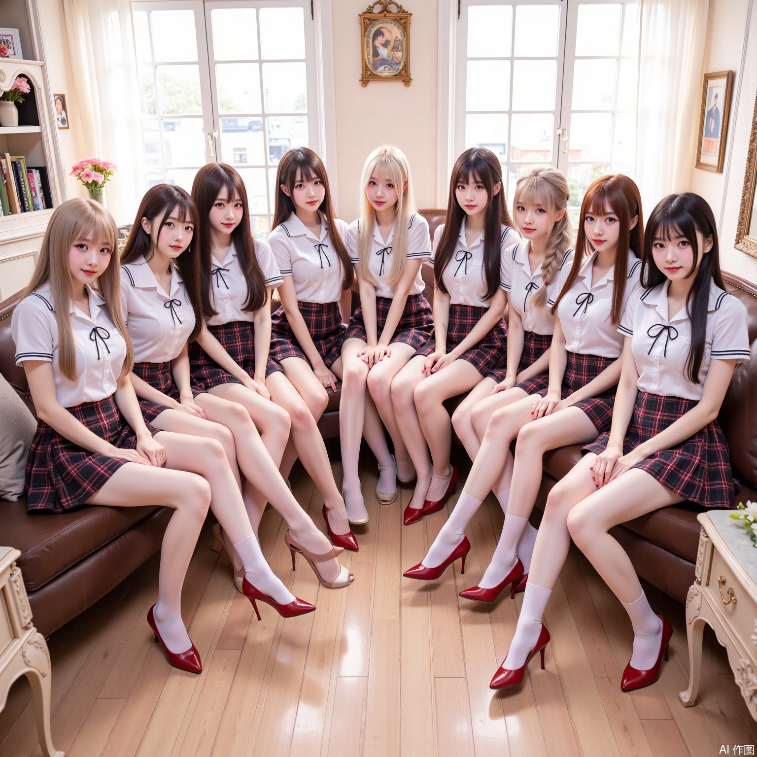 Realistic photos, (8 young women sitting in a circle), long hair, fair skin, big breast, school uniform, plaid skirt, stockings, long legs, red high heels, luxury living room, flowers,
