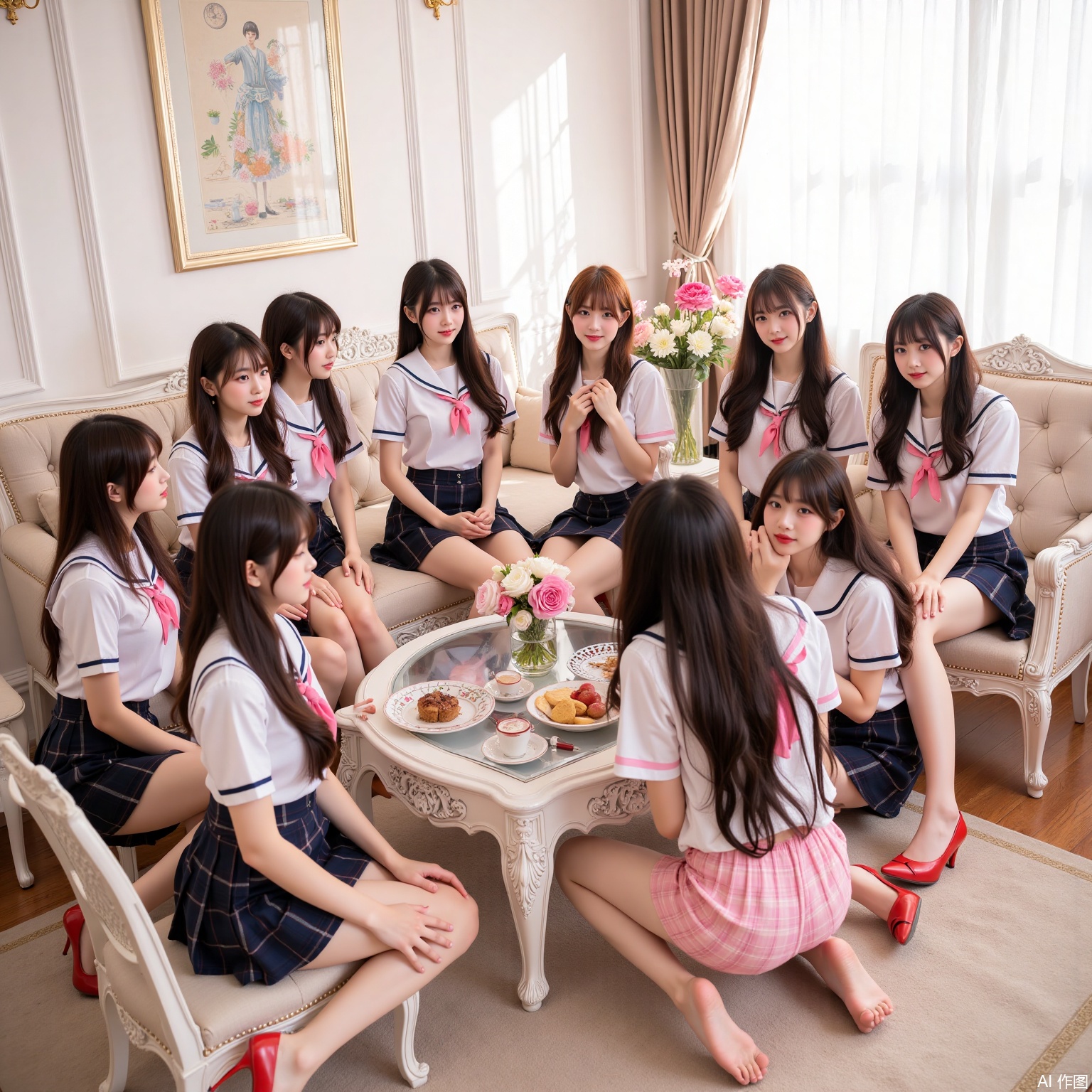 Realistic photos, (8 young women sitting in a circle), long hair, fair skin, big breast, school uniform, plaid skirt, stockings, long legs, red high heels, luxury living room, flowers,