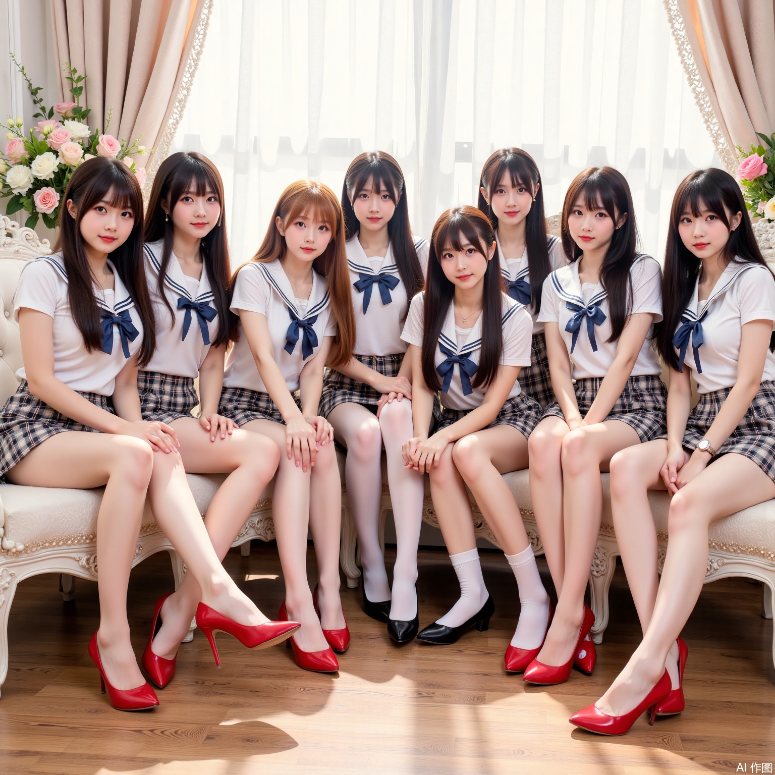 Realistic photos, (8 young women sitting in a circle), long hair, fair skin, big breast, school uniform, plaid skirt, stockings, long legs, red high heels, luxury living room, flowers,