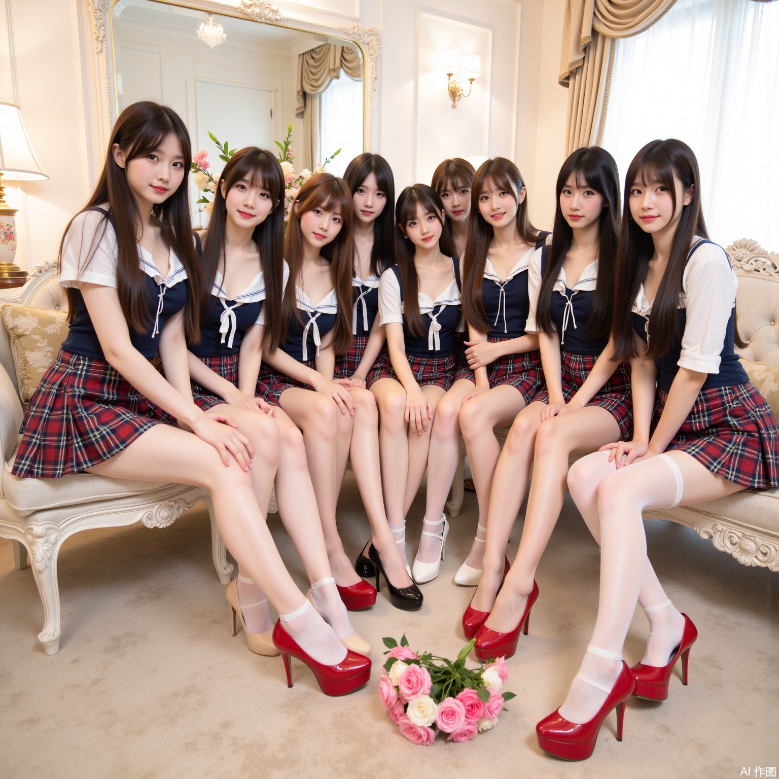 Realistic photos, (8 young women sitting in a circle), long hair, fair skin, big breast, school uniform, plaid skirt, stockings, long legs, red high heels, luxury living room, flowers,