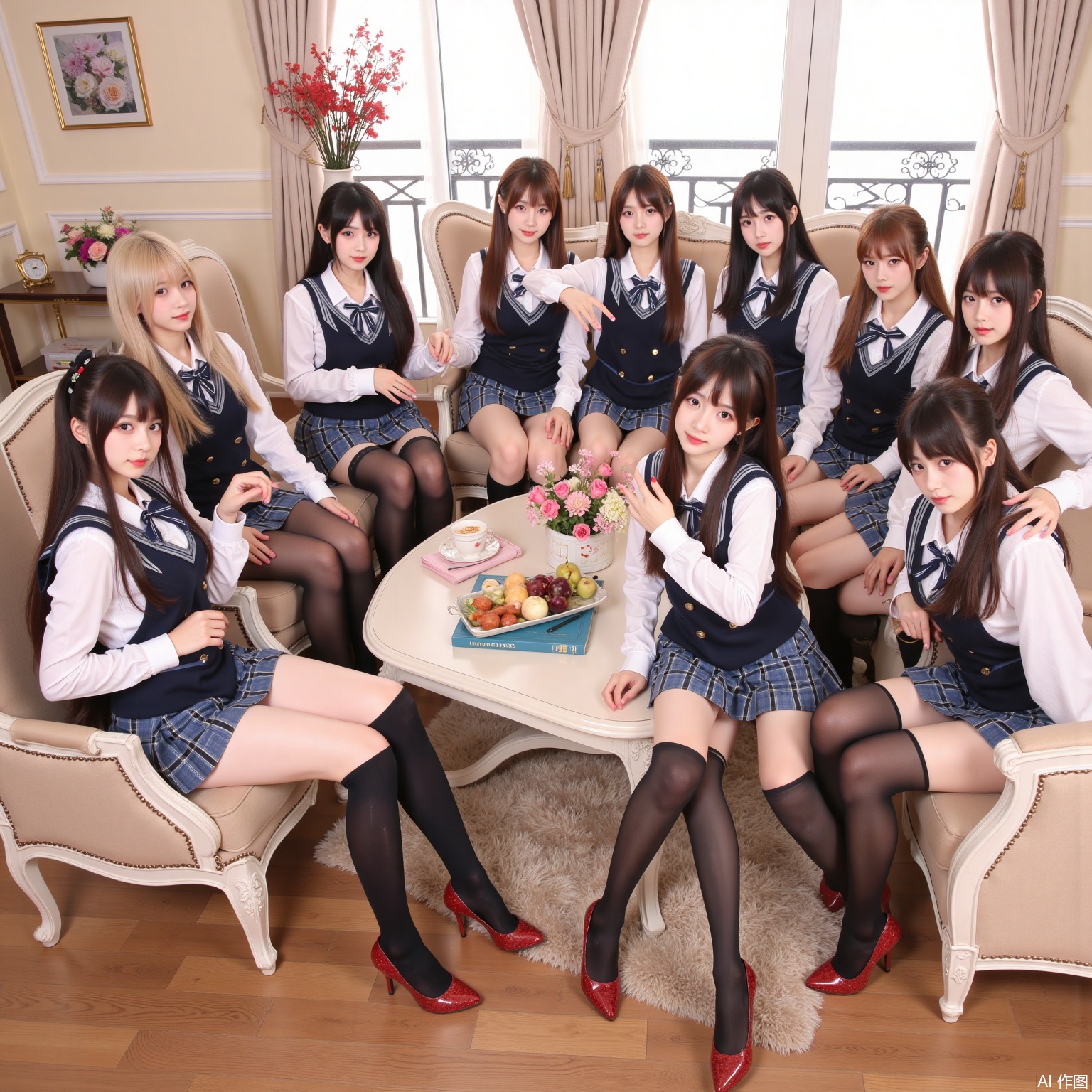 Realistic photos, (8 young women sitting in a circle), long hair, fair skin, big breast, school uniform, plaid skirt, stockings, long legs, red high heels, luxury living room, flowers,