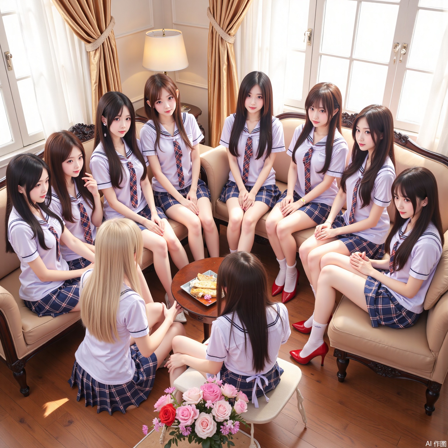 Realistic photos, (8 young women sitting in a circle), long hair, fair skin, big breast, school uniform, plaid skirt, stockings, long legs, red high heels, luxury living room, flowers,