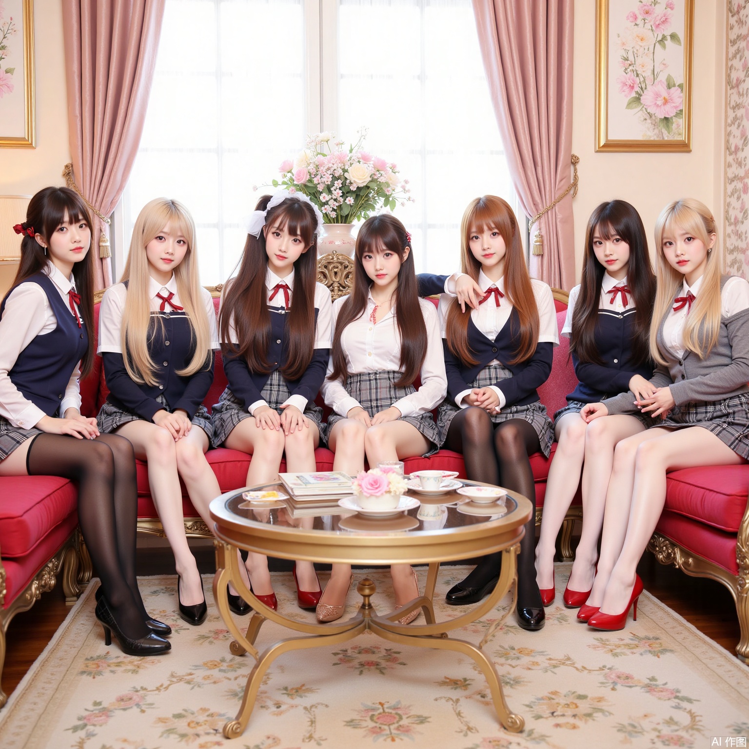 Realistic photos, (8 young women sitting in a circle), long hair, fair skin, big breast, school uniform, plaid skirt, stockings, long legs, red high heels, luxury living room, flowers,